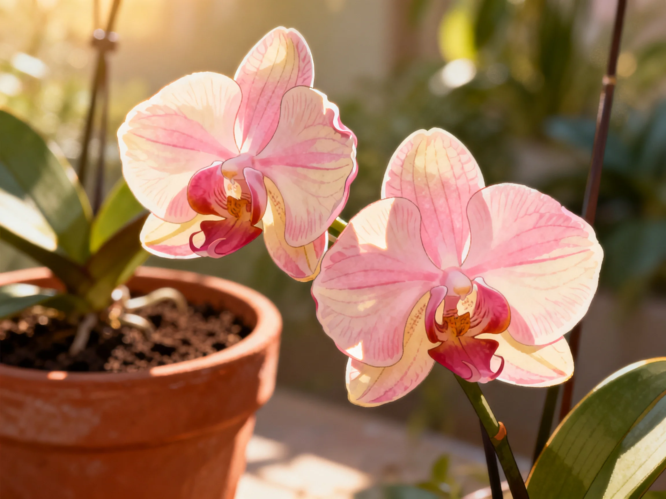 Two pink orchid blooms in a terracotta pot with soft sunlight