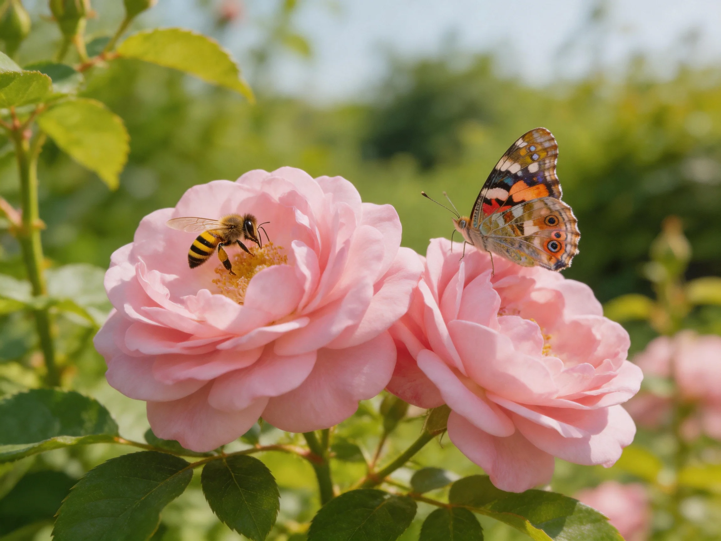 Two pink roses, a bee, and a butterfly in a sunlit garden