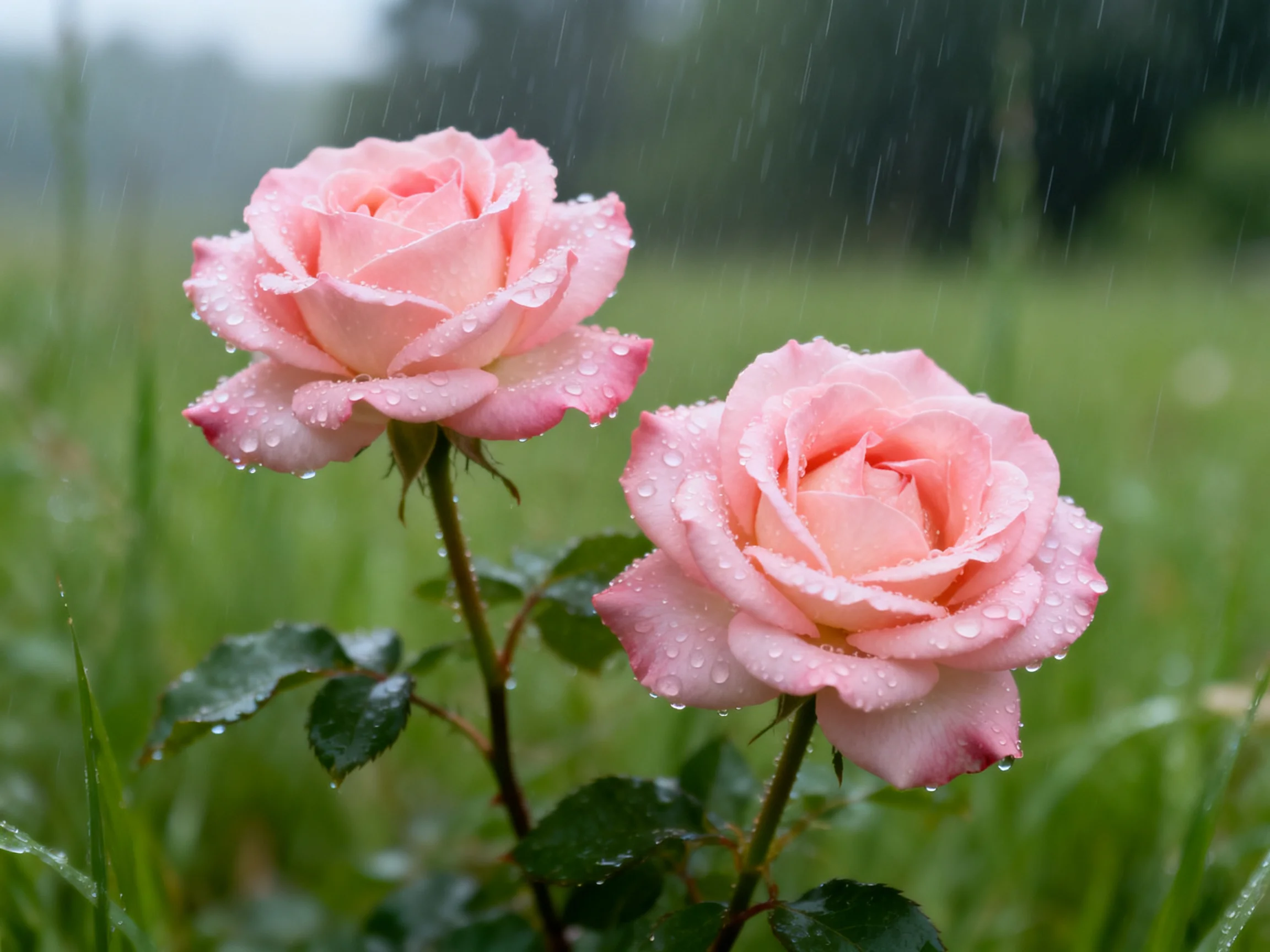 Two pink roses with water droplets in a rainy green landscape