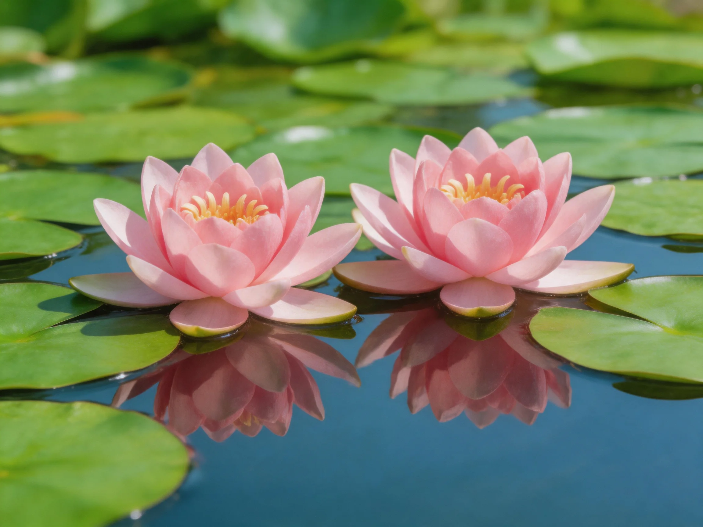 Two pink water lilies float amid green lily pads on calm water