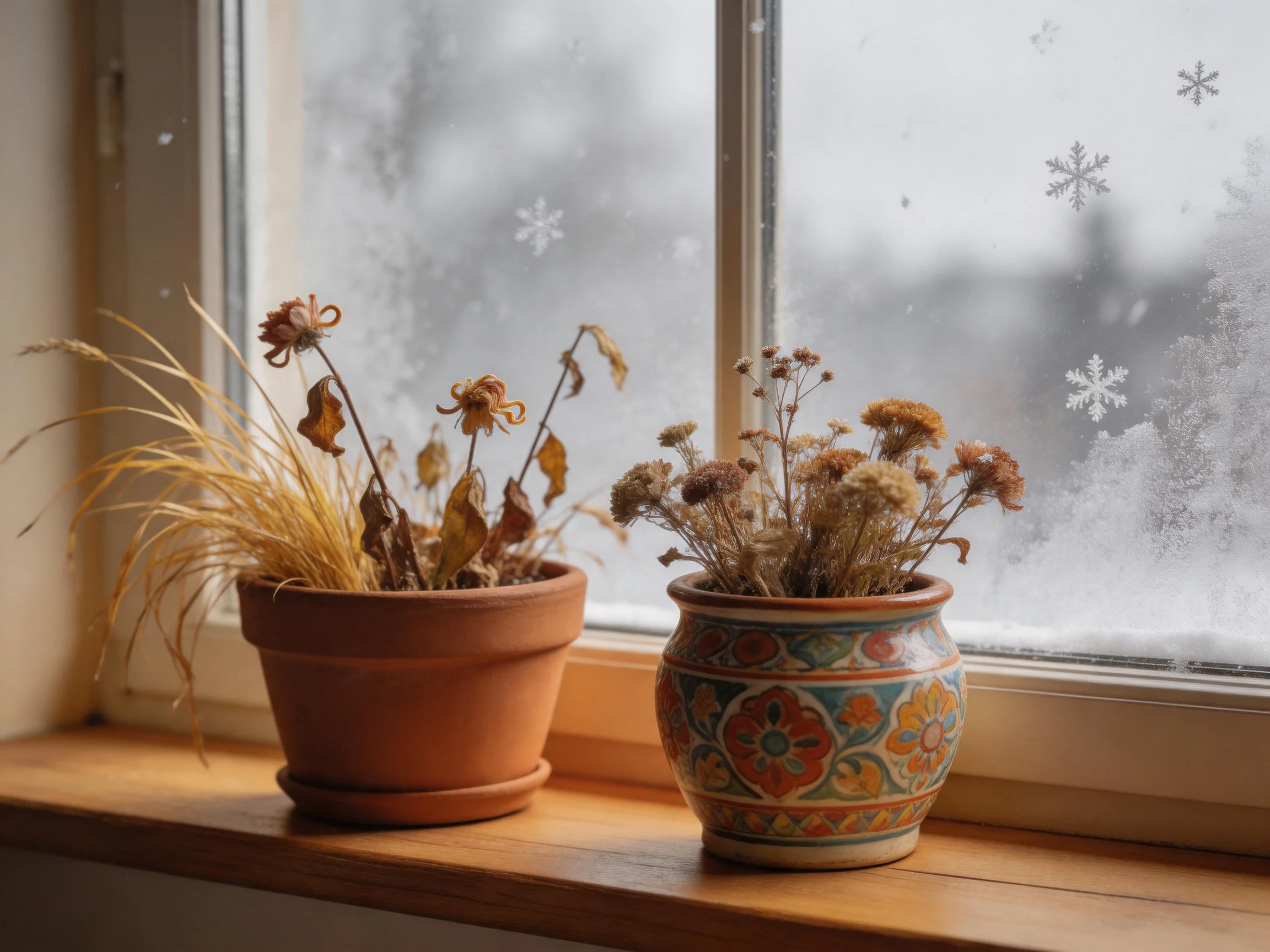 Two potted dried flowers sit by a frosted winter window