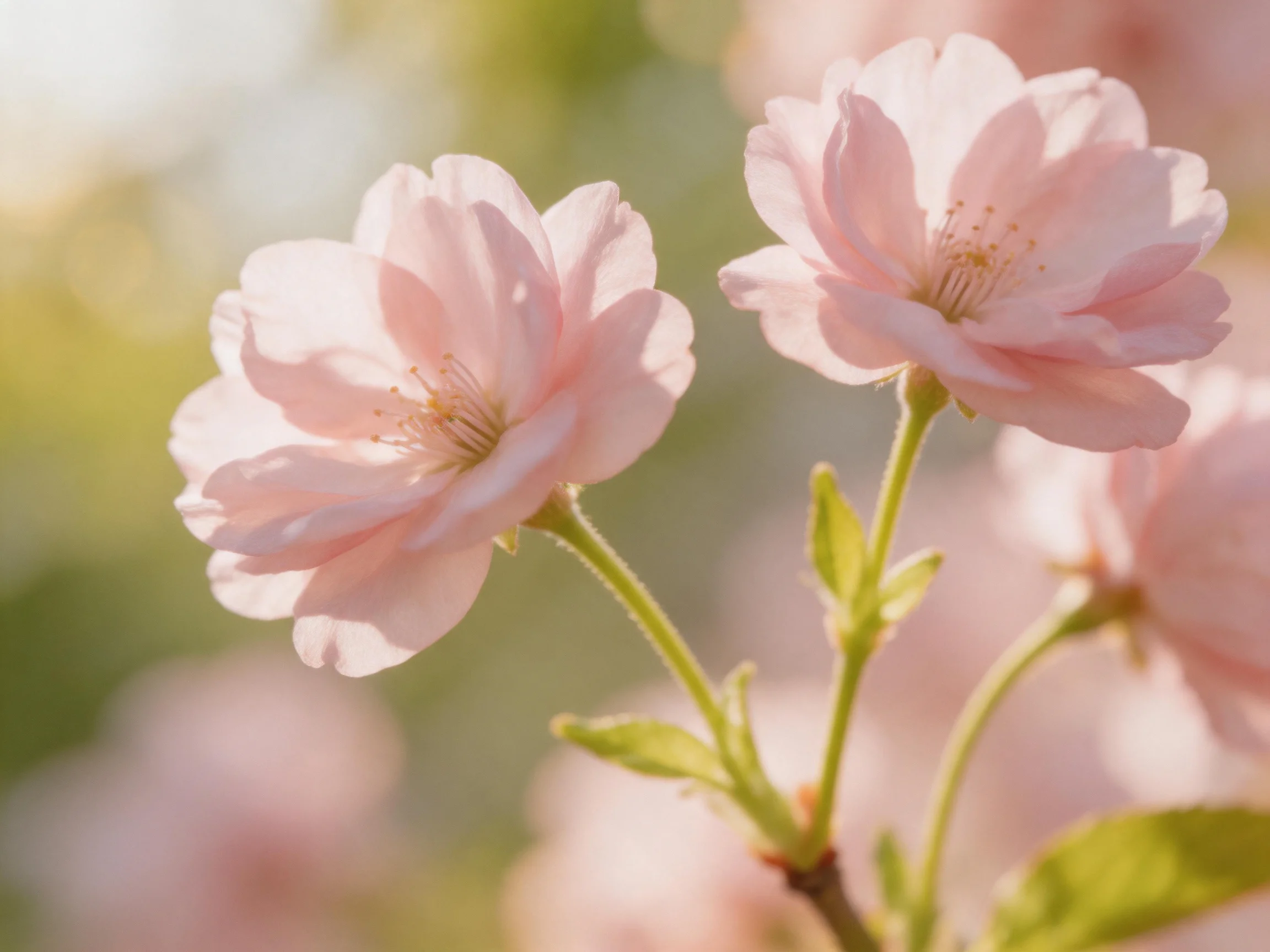 Two prominent pink cherry blossoms with green stems and blurred floral background