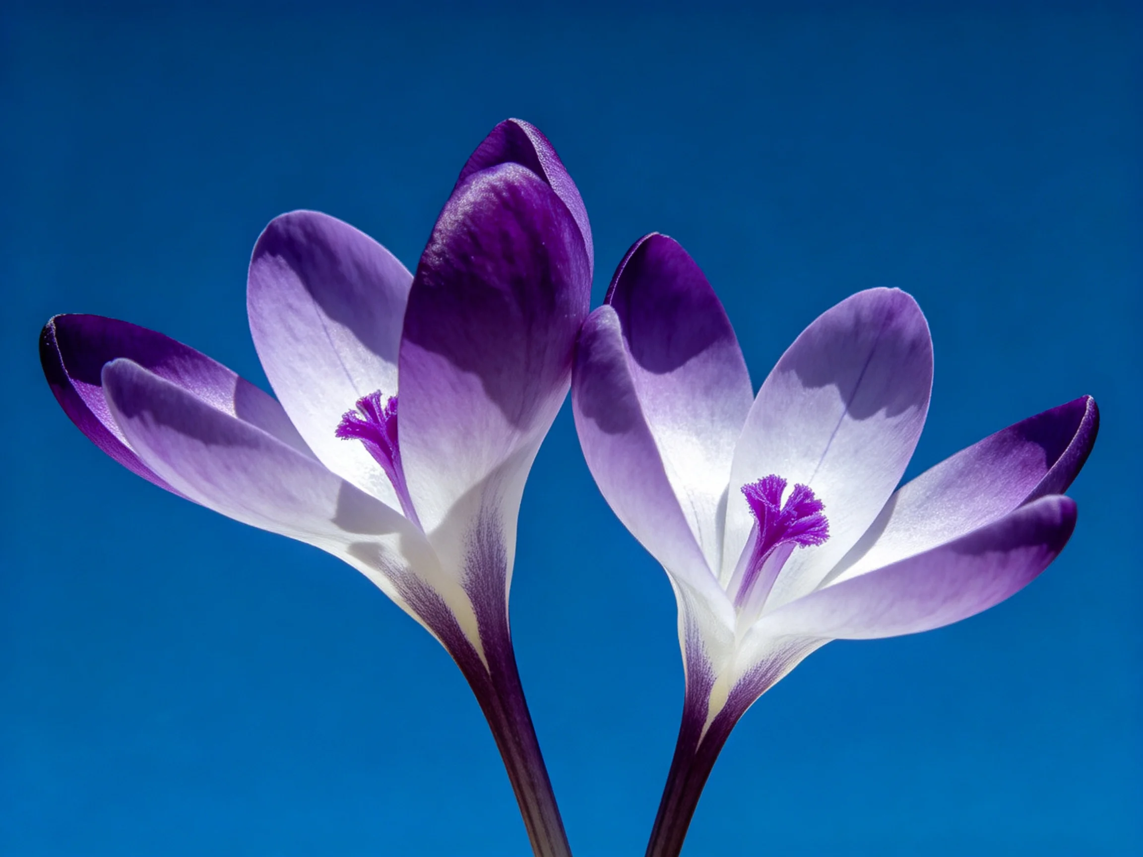 Two purple and white crocus blooms against a deep blue backdrop