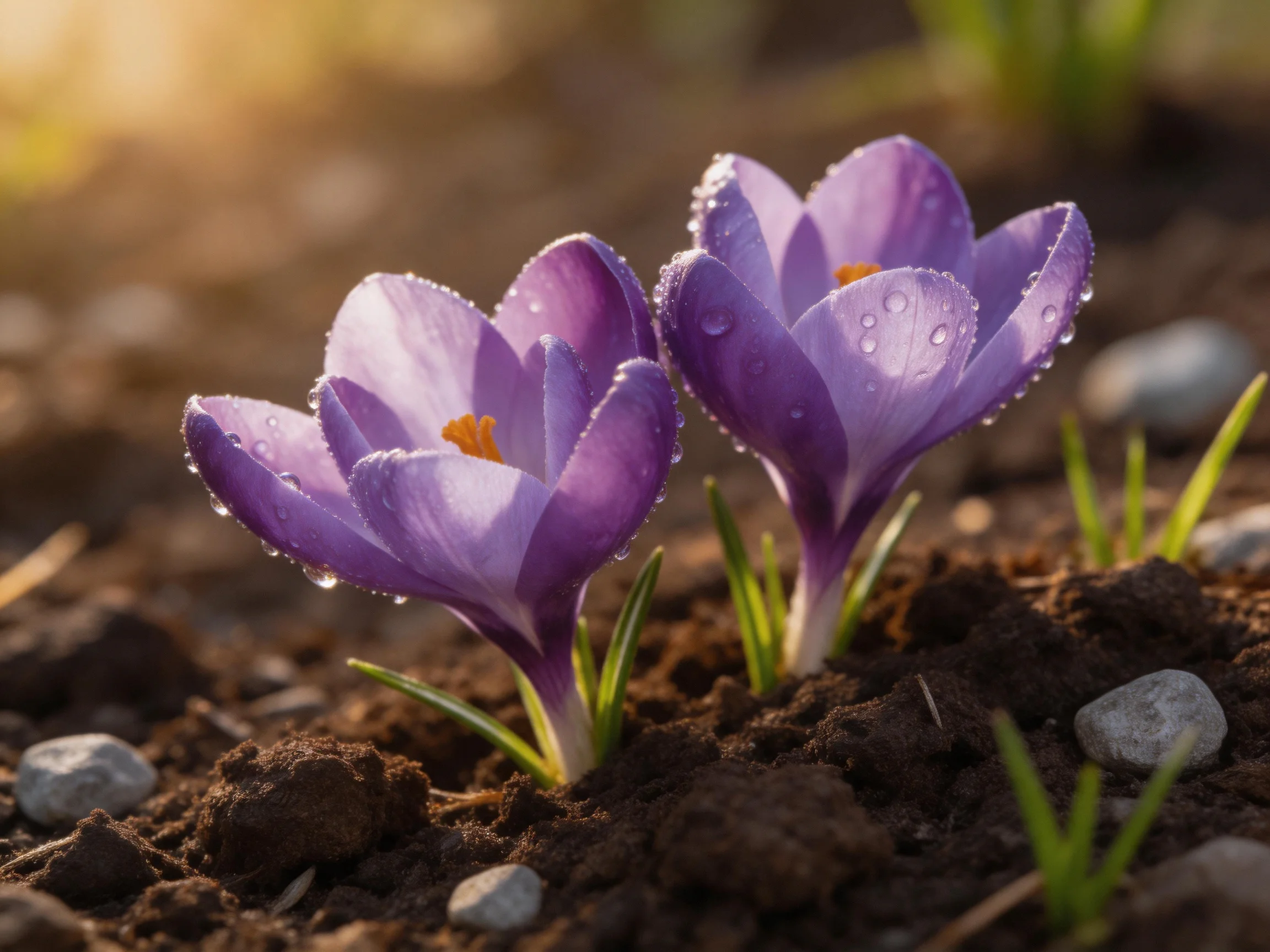 Two purple crocus blooms with dewdrops in earthy soil among stones