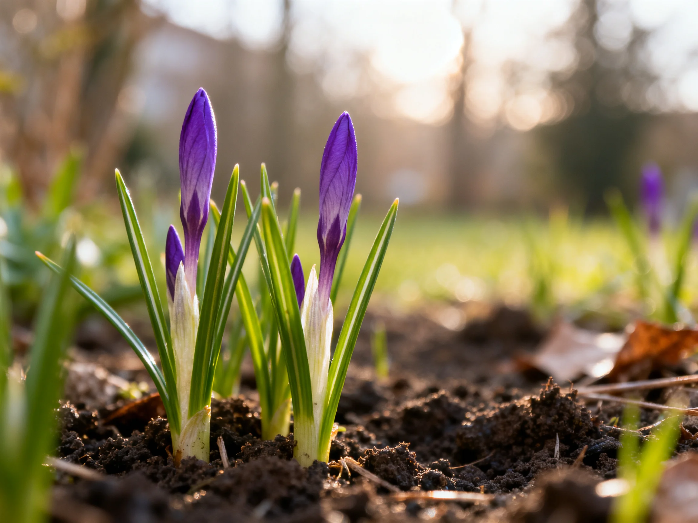 Two purple crocus buds with green stems in dark soil under sunlight