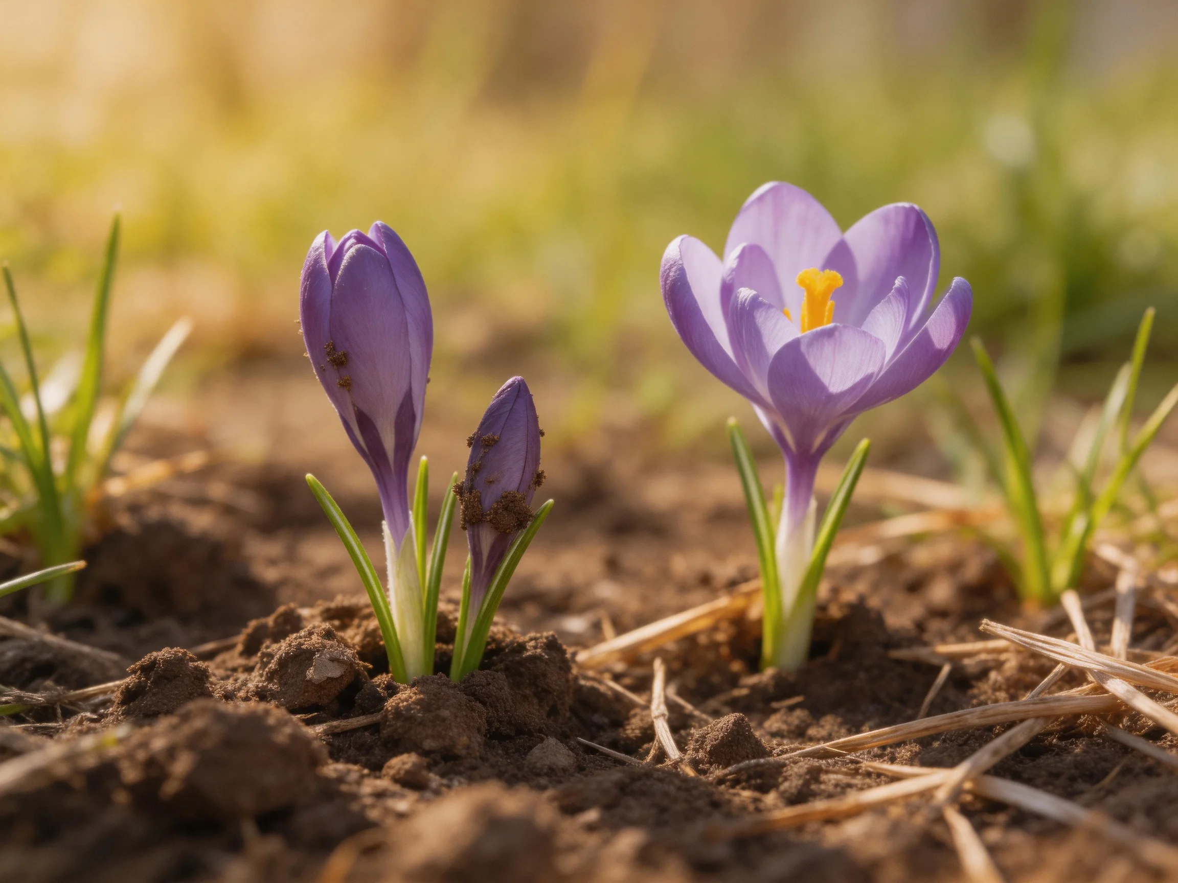 Two purple crocus flowers and two buds grow in brown soil with green blades