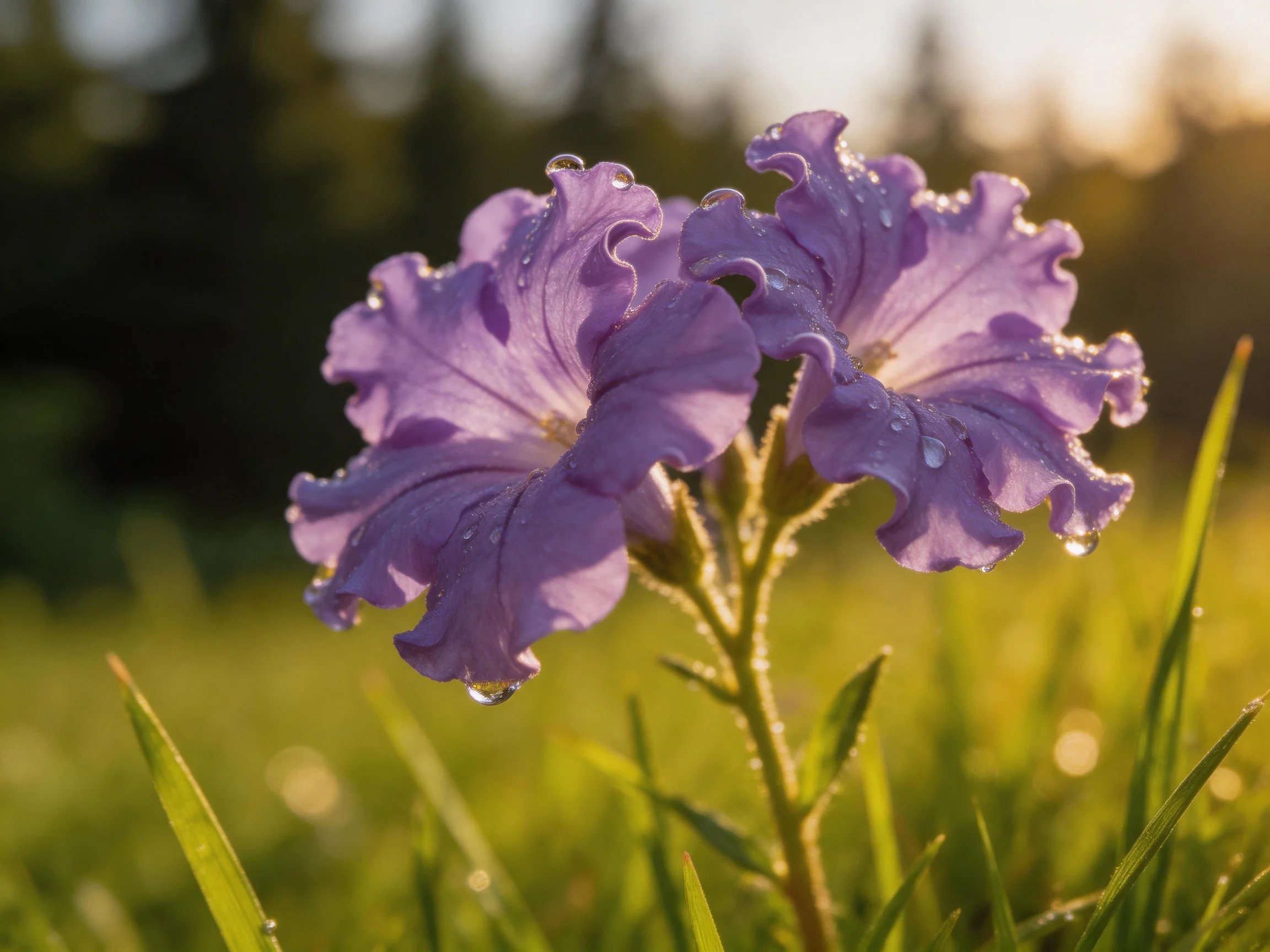 Two purple petunia blooms with dewdrops in a sunlit meadow