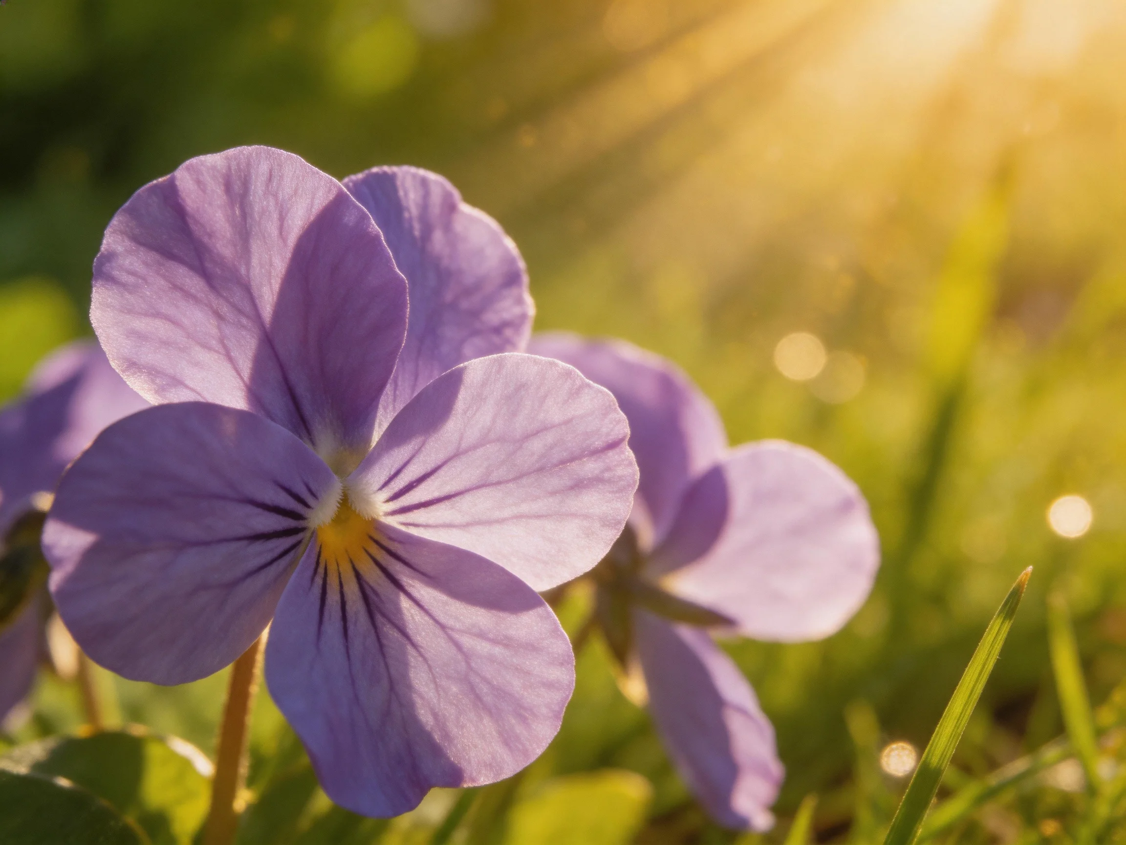 Two purple violas bloom in a sunlit meadow with golden light