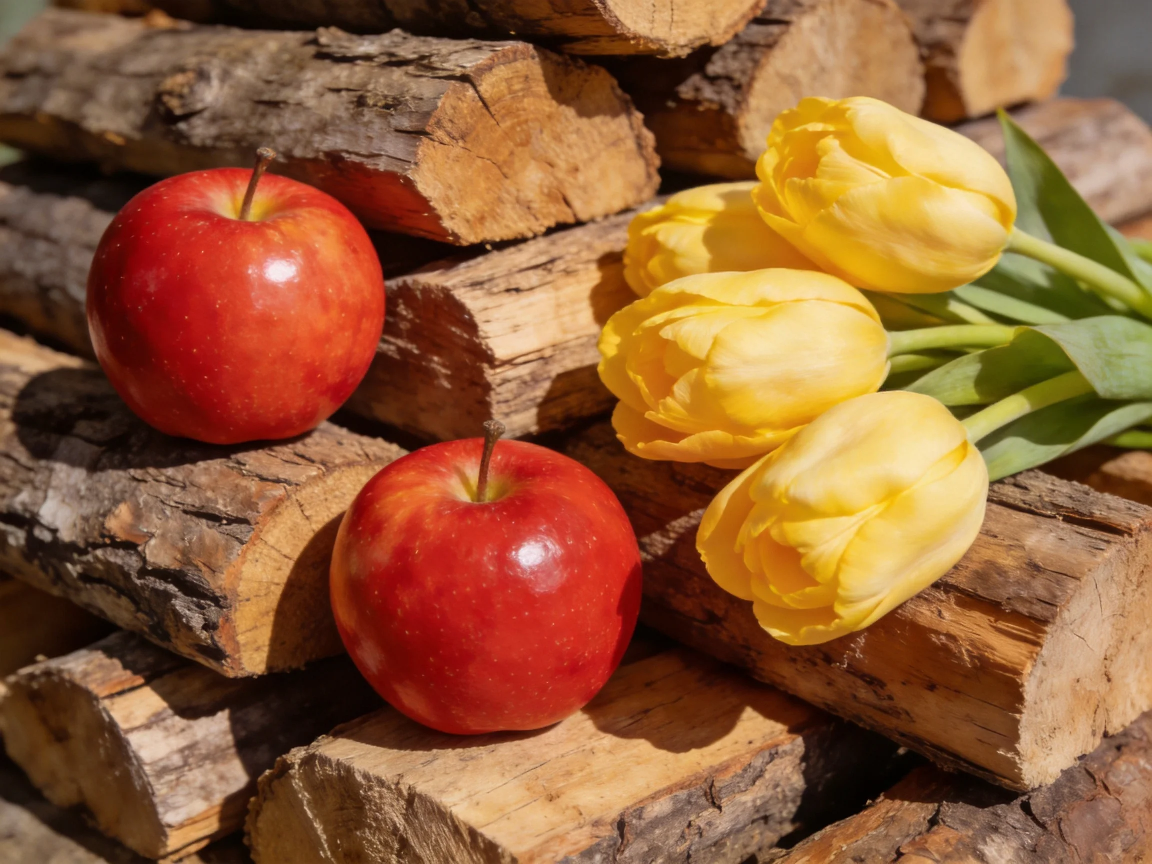 Two red apples and three yellow tulips rest on stacked firewood