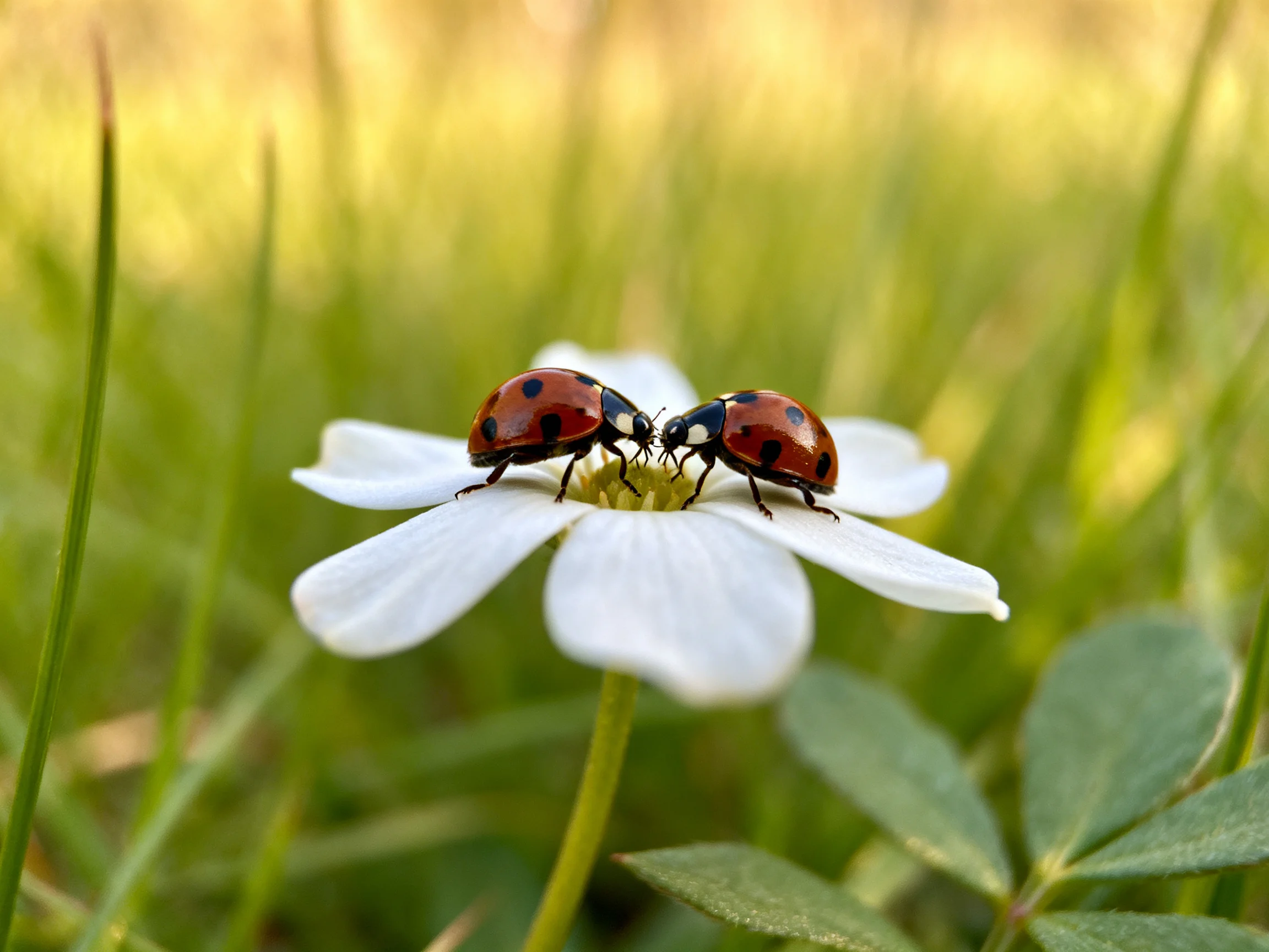 Two red-spotted ladybugs interact on a white flower amid green foliage.