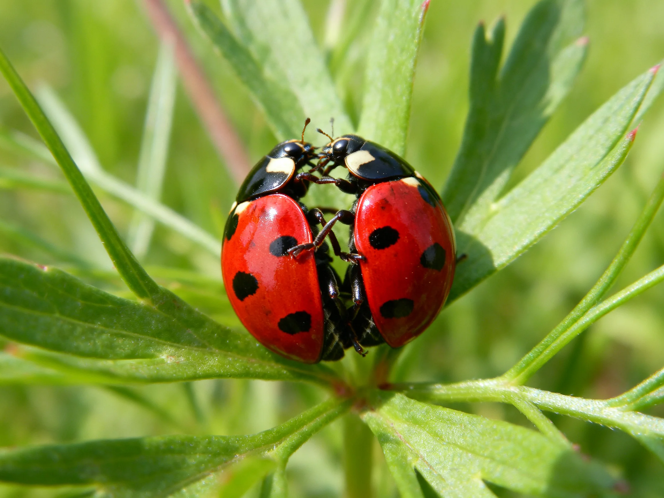 Two red-spotted ladybugs mating on green leaves