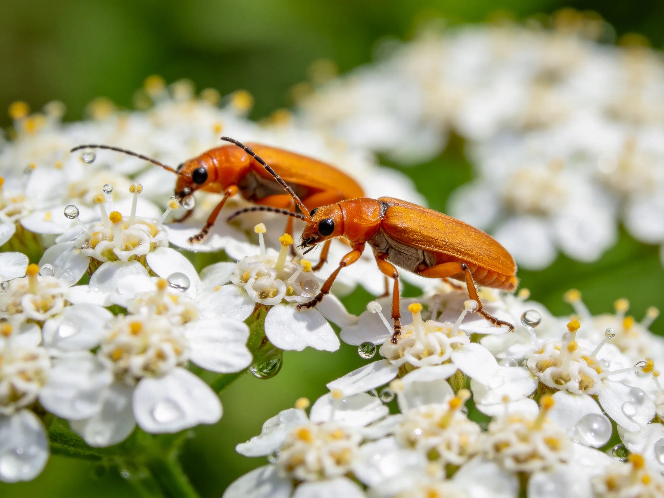 Two reddish-orange beetles on small white clustered flowers with dewdrops