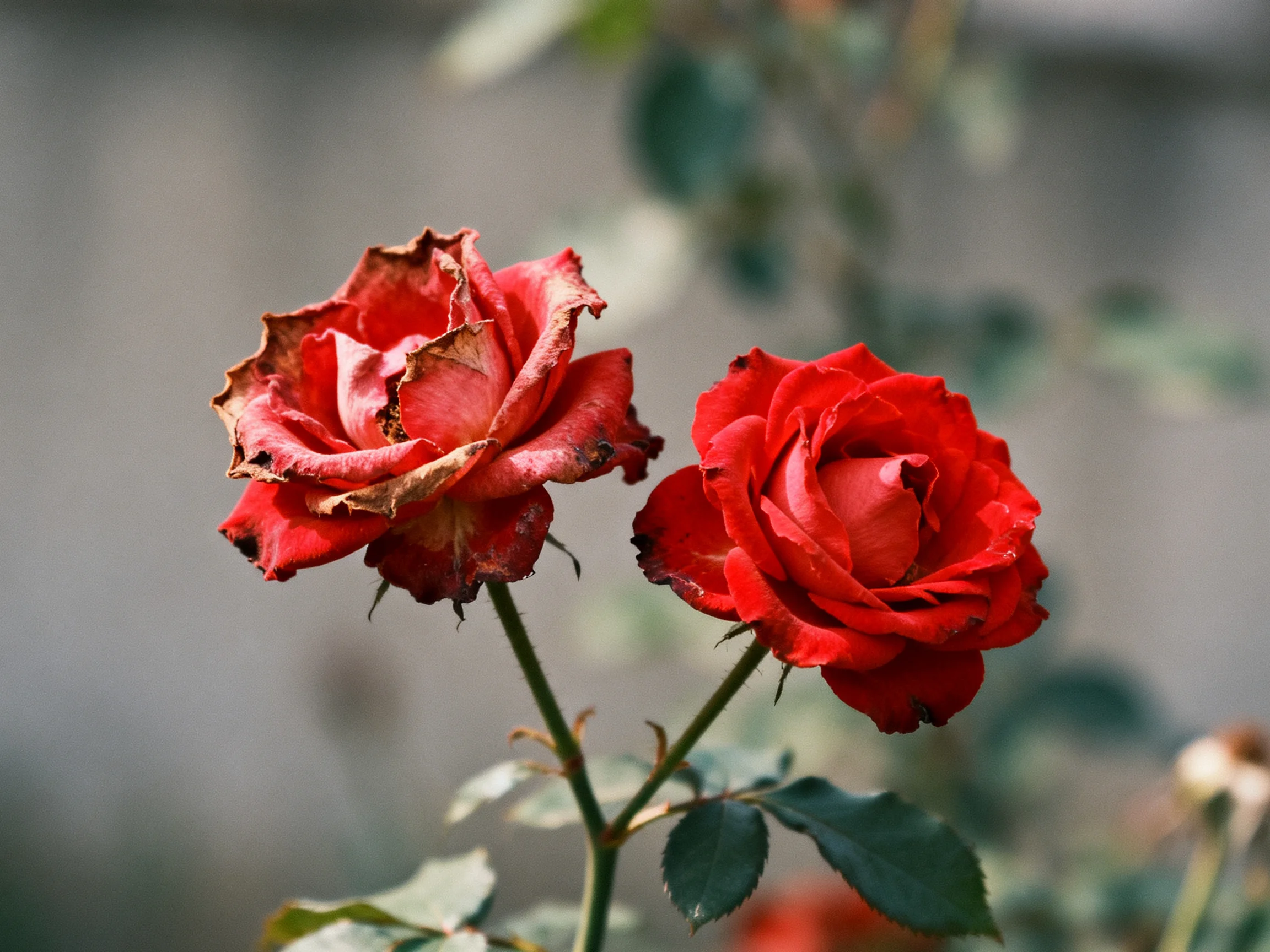 Two roses, one wilted and one vibrant, show red petals with green foliage