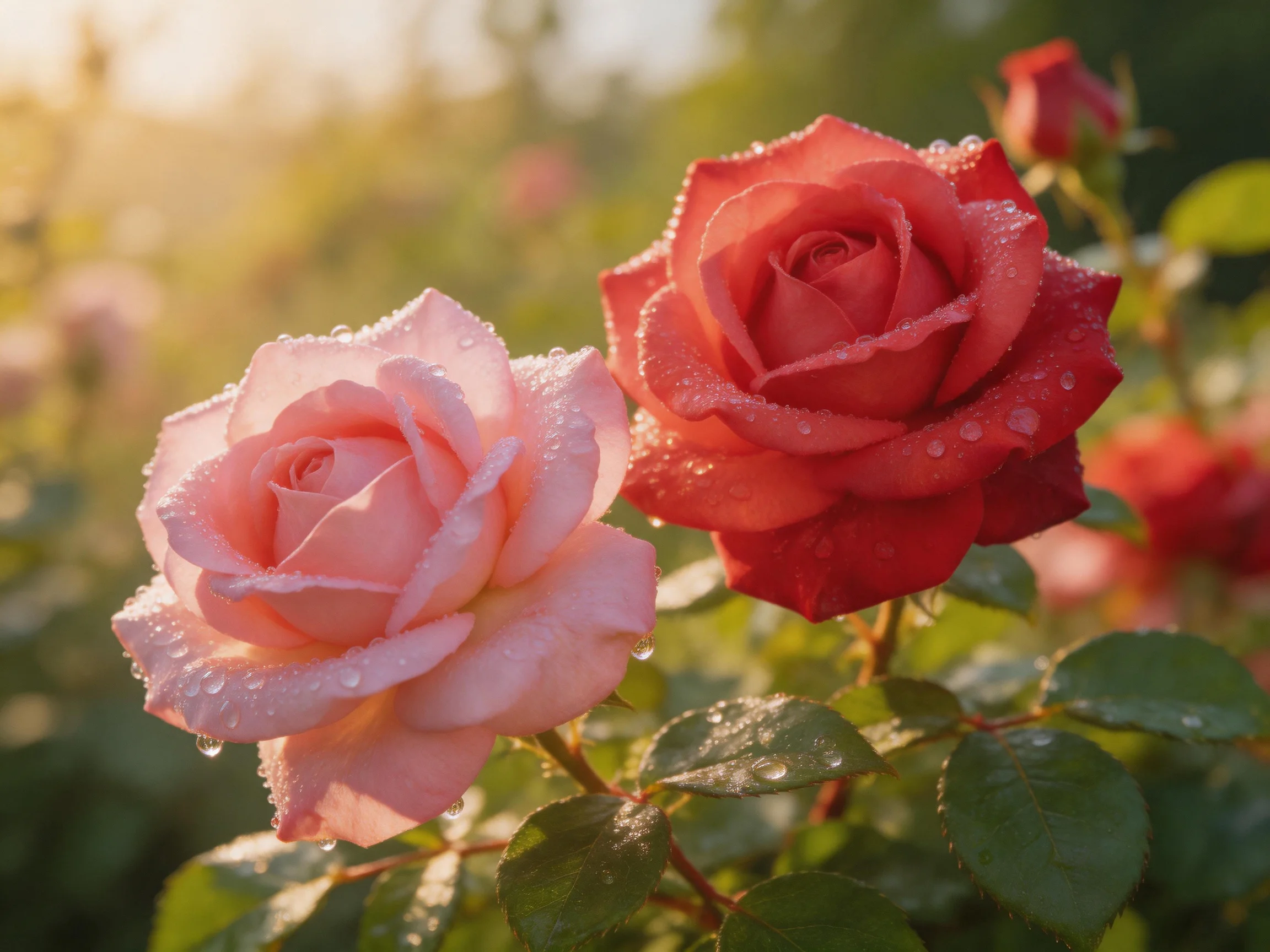 Two roses with dewdrops, pink and red, bathed in morning light