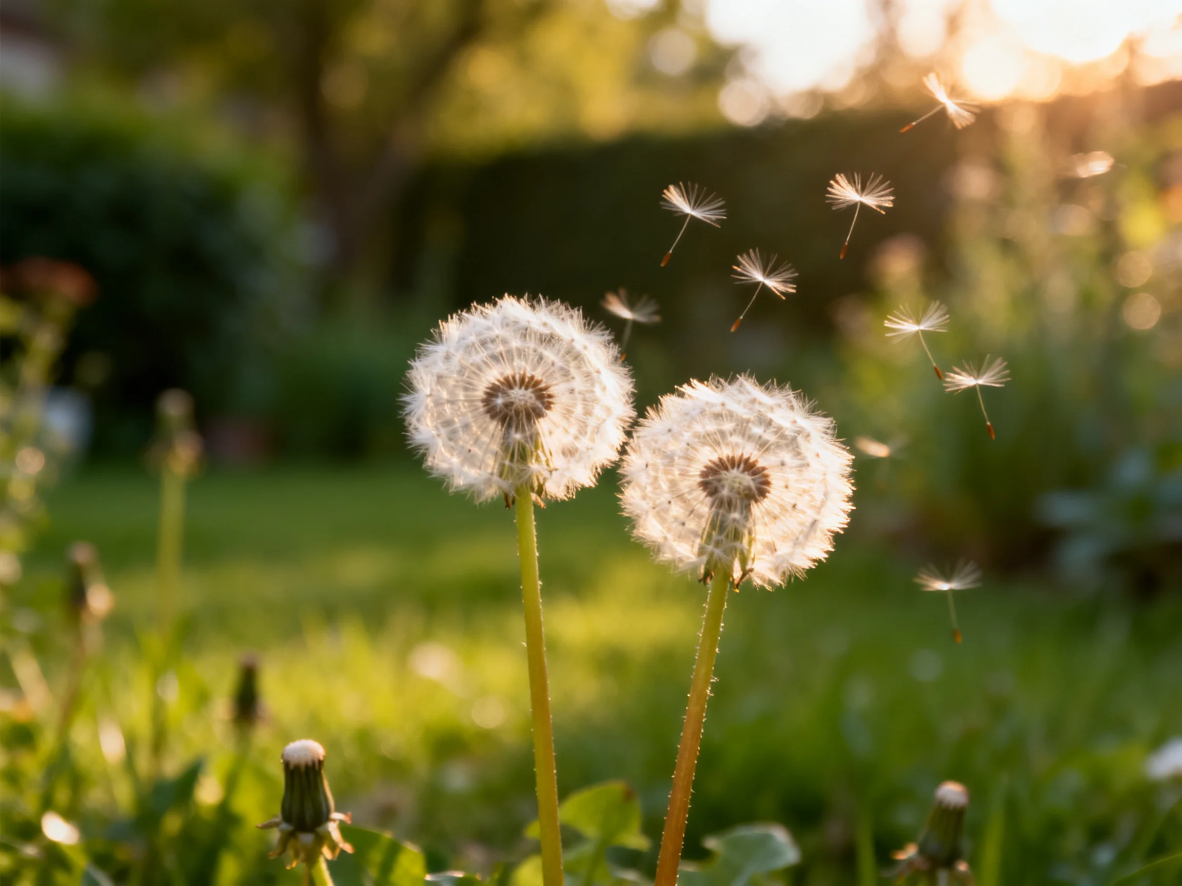 Two round white dandelion seed heads with seeds drifting in a sunlit meadow