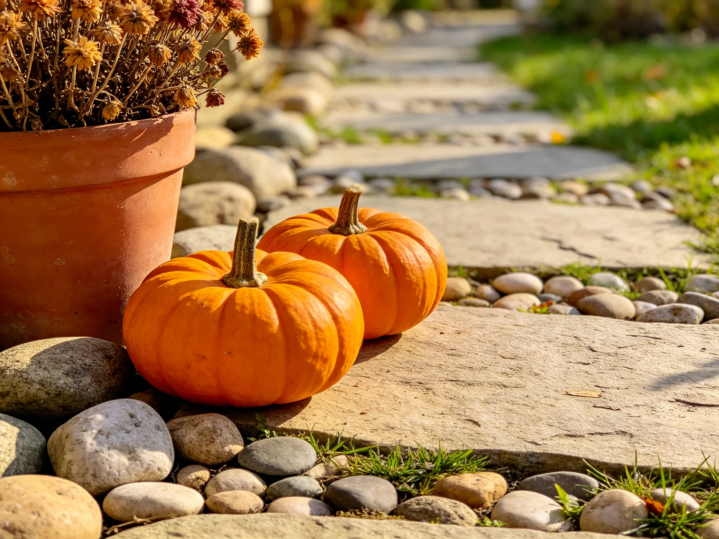 Two small orange pumpkins beside a terracotta pot on a stone walkway