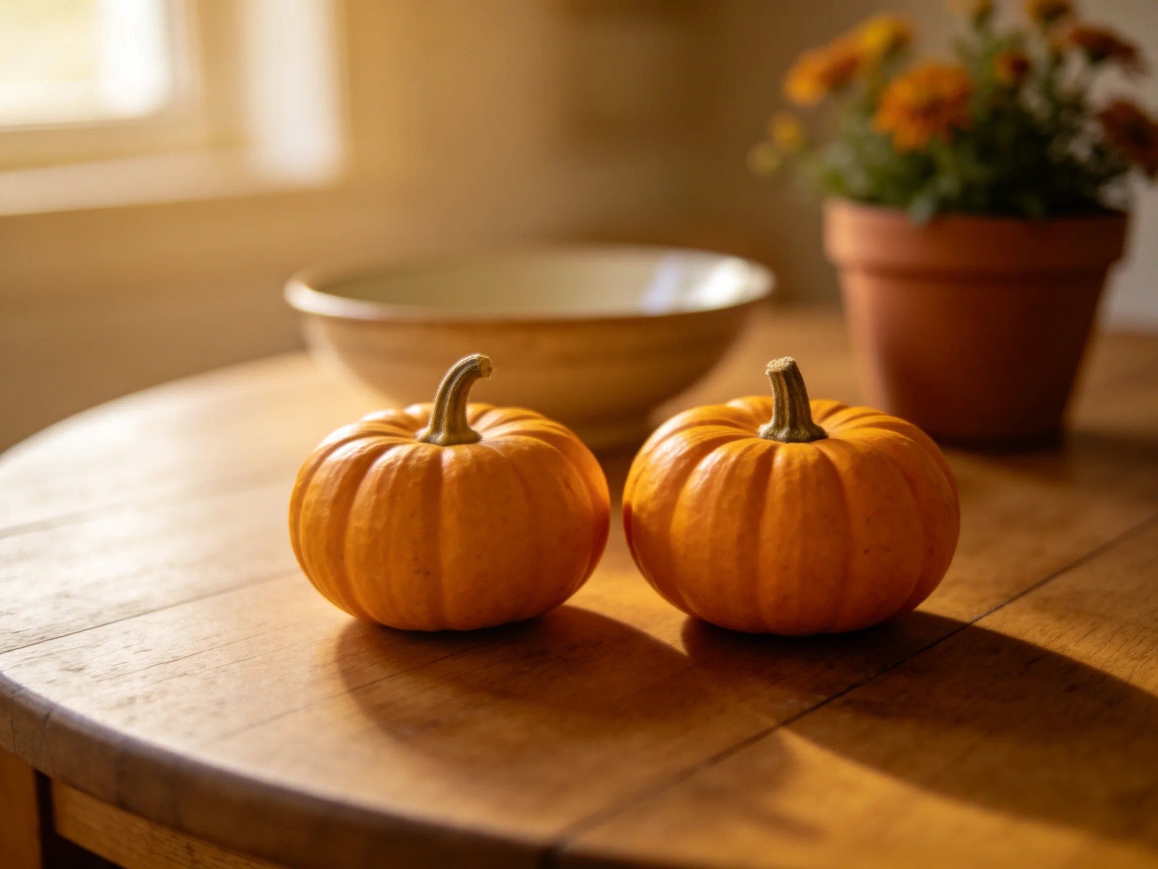 Two small orange pumpkins sit on a polished wooden table near a bowl and potted flowers