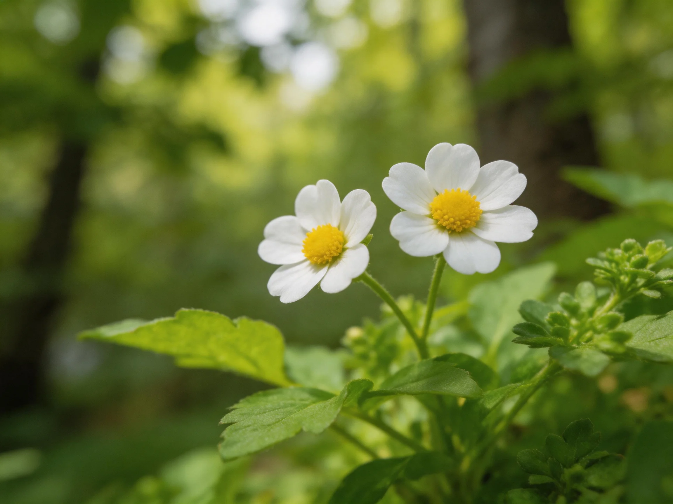 Two small white flowers with bright yellow centers in a verdant forest setting