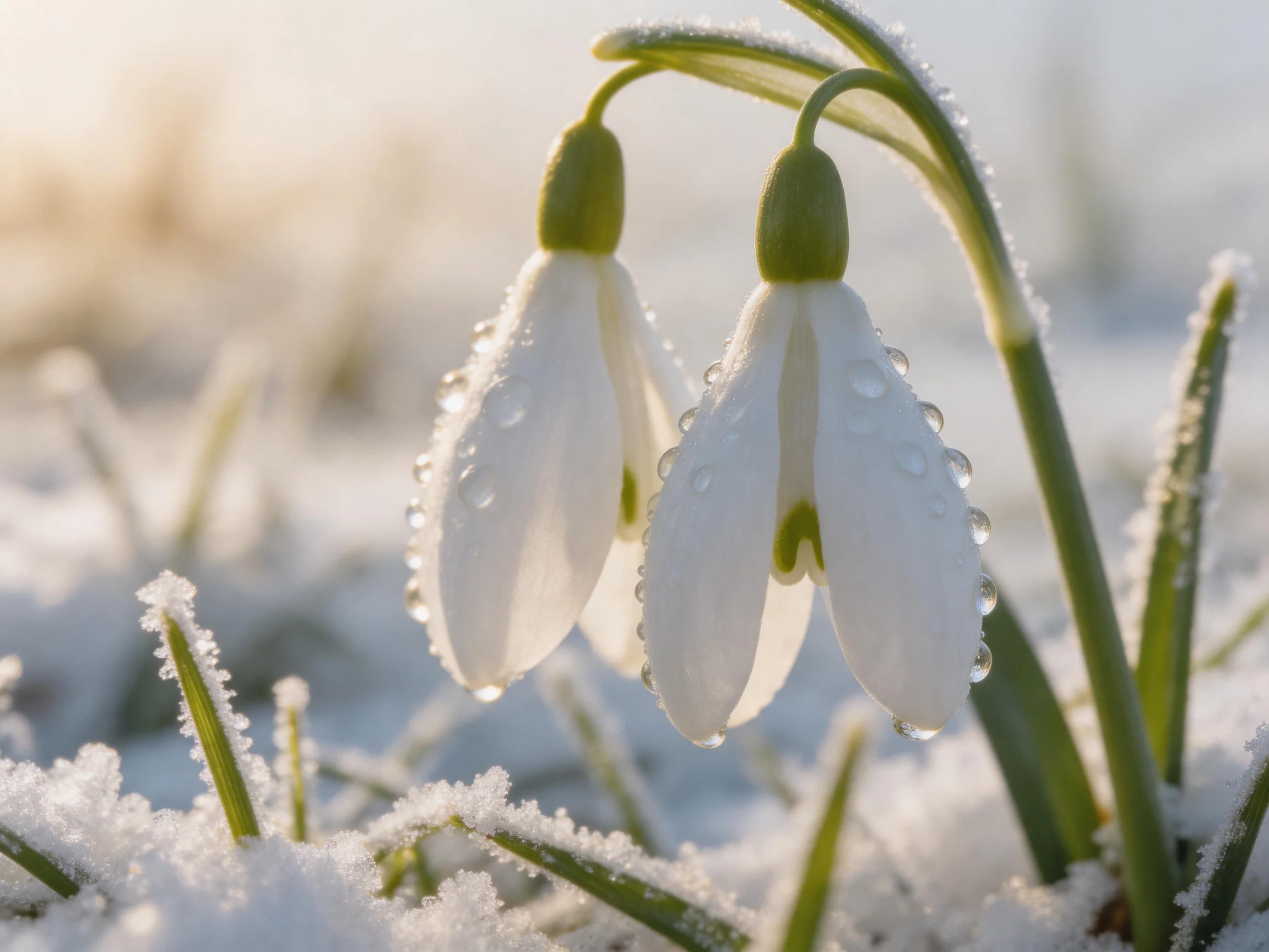 Two snowdrop flowers with dew drops in a snowy landscape