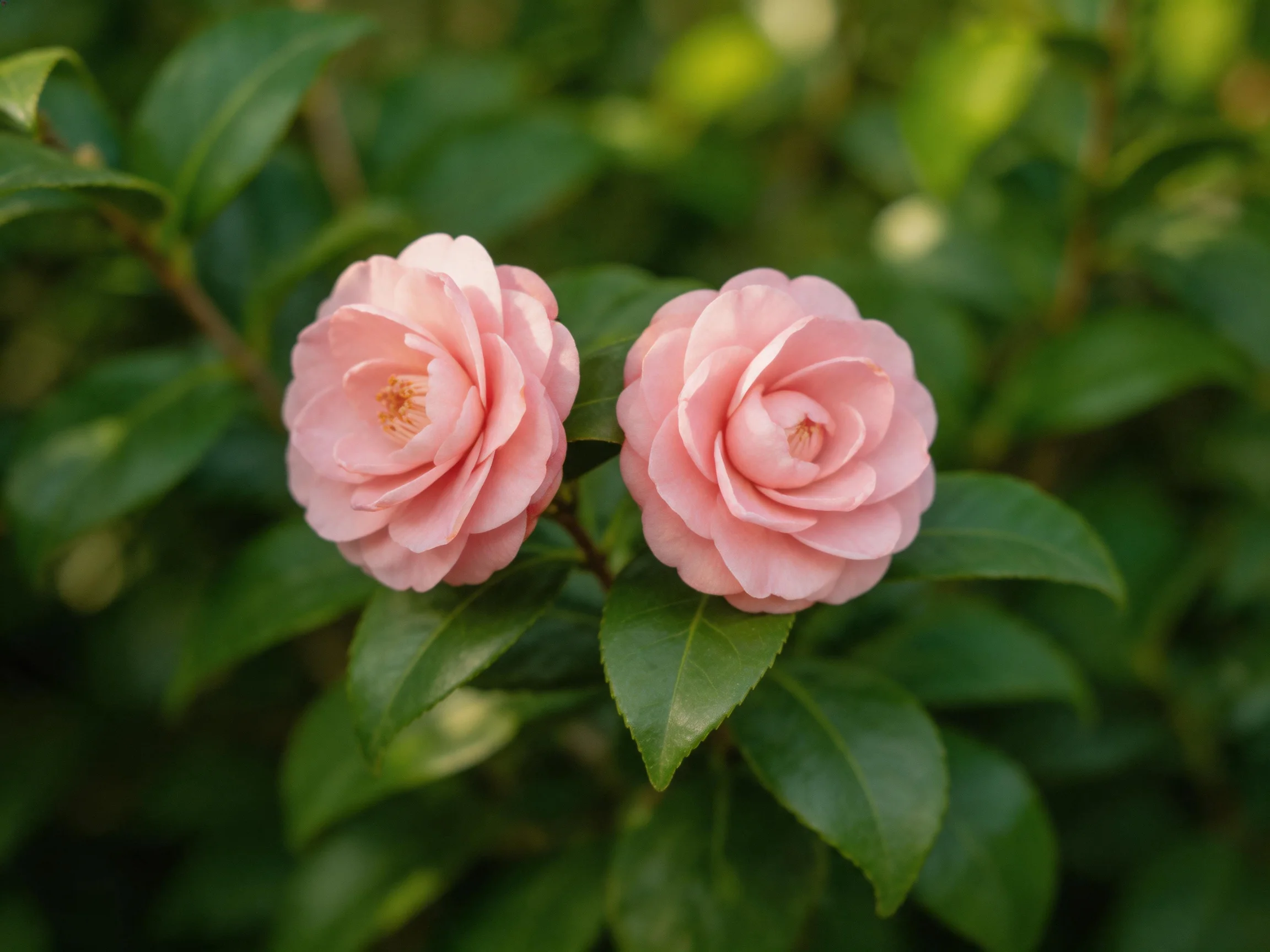 Two soft pink camellia blooms amidst lush green foliage