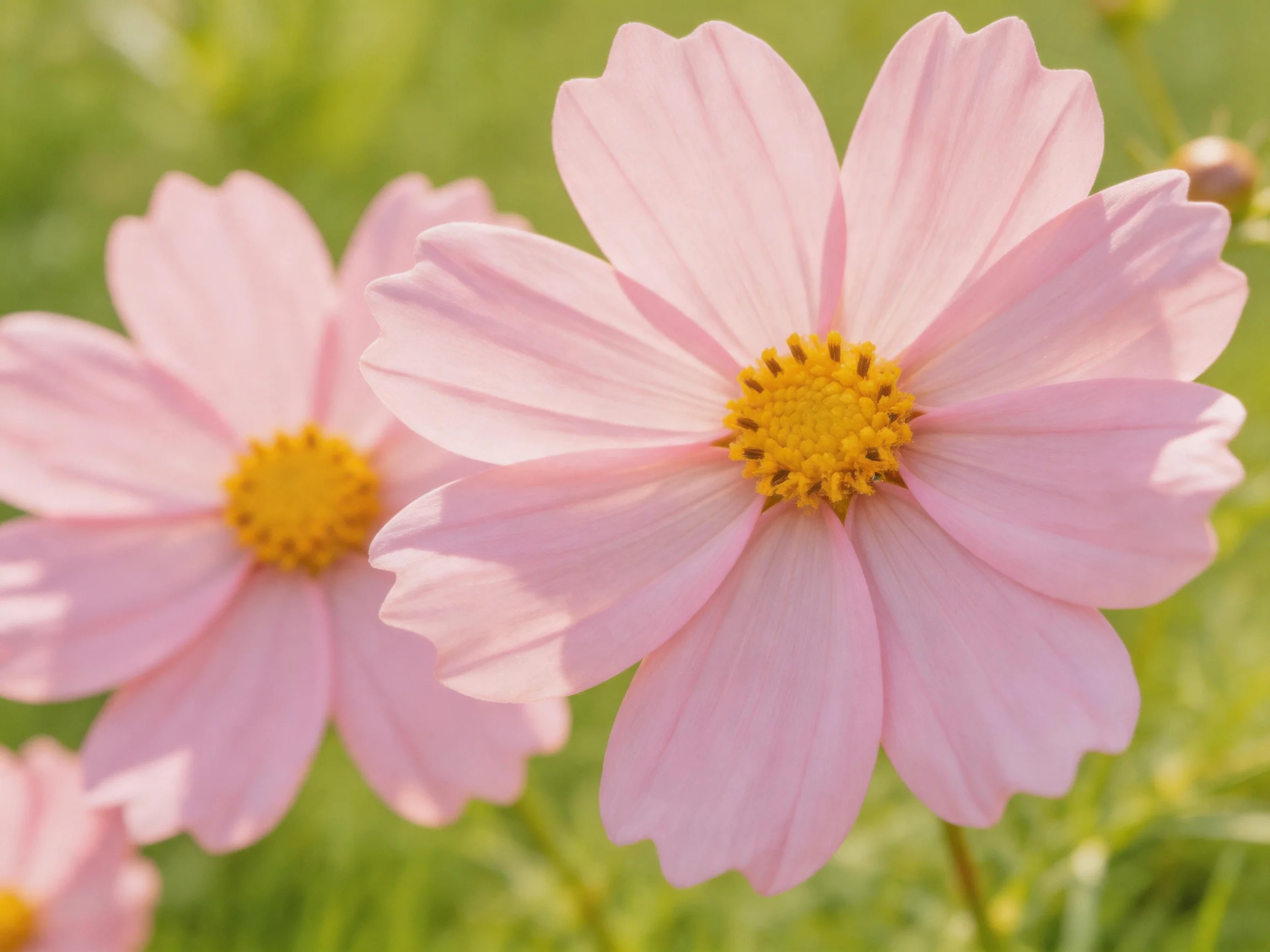 Two soft pink cosmos blooms with bright yellow centers