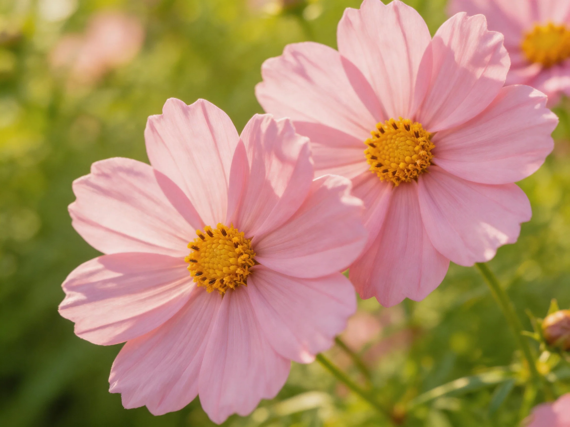 Two soft pink cosmos blooms with golden centers amid lush greenery
