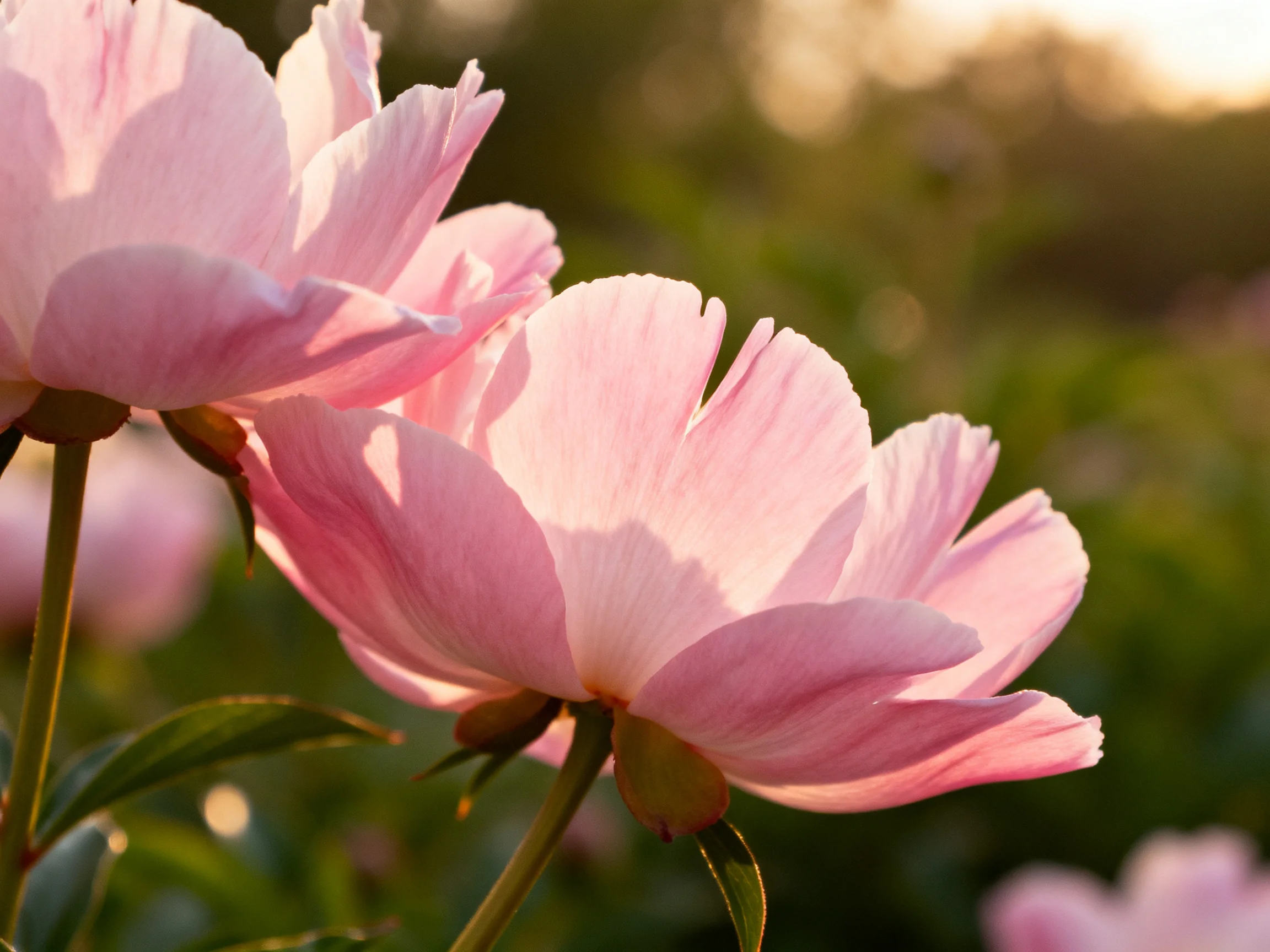 Two soft pink peonies bask in warm golden sunlight