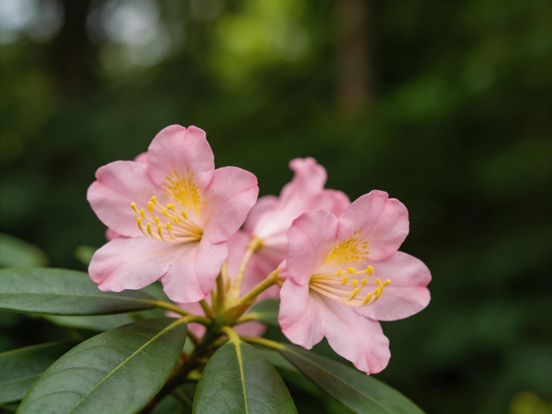Two soft pink rhododendron blooms with yellow stamens