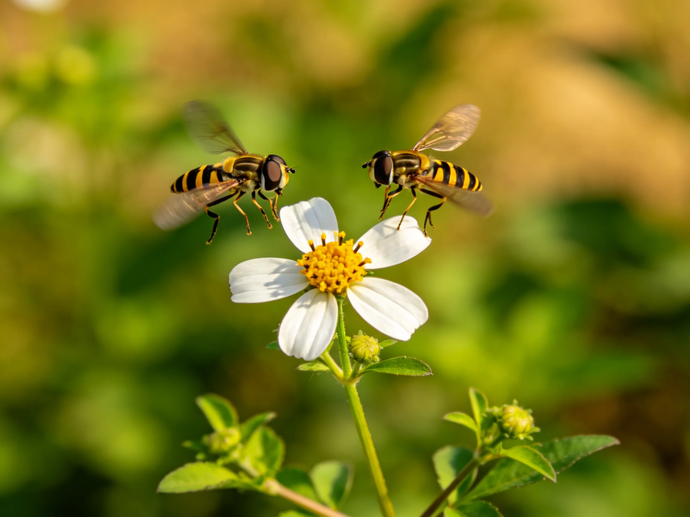 Two striped hoverflies hover near a white flower with yellow center