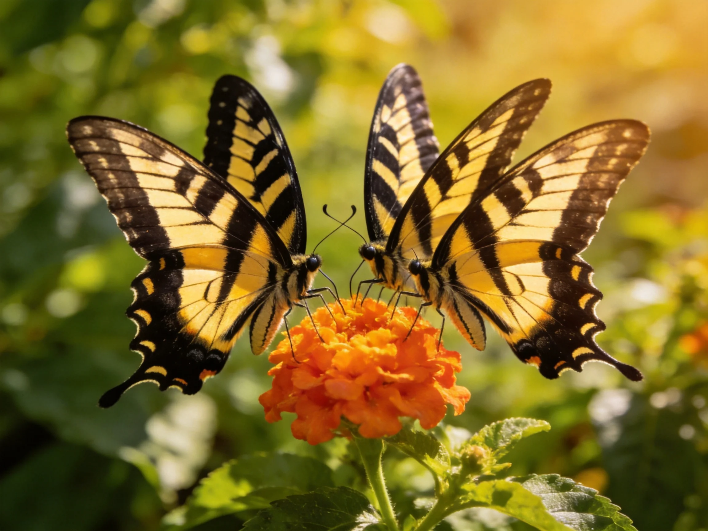 Two swallowtail butterflies feed on an orange bloom in a sunlit garden