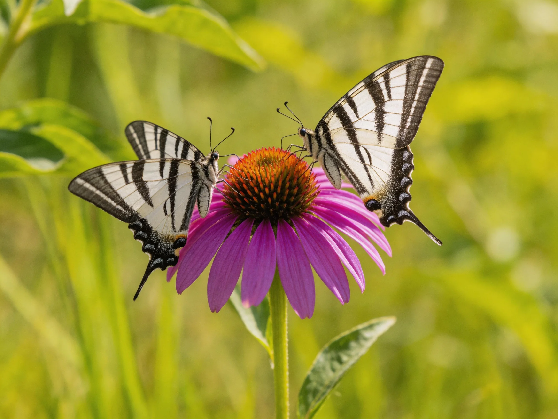 Two swallowtail butterflies gather nectar from a vibrant purple coneflower