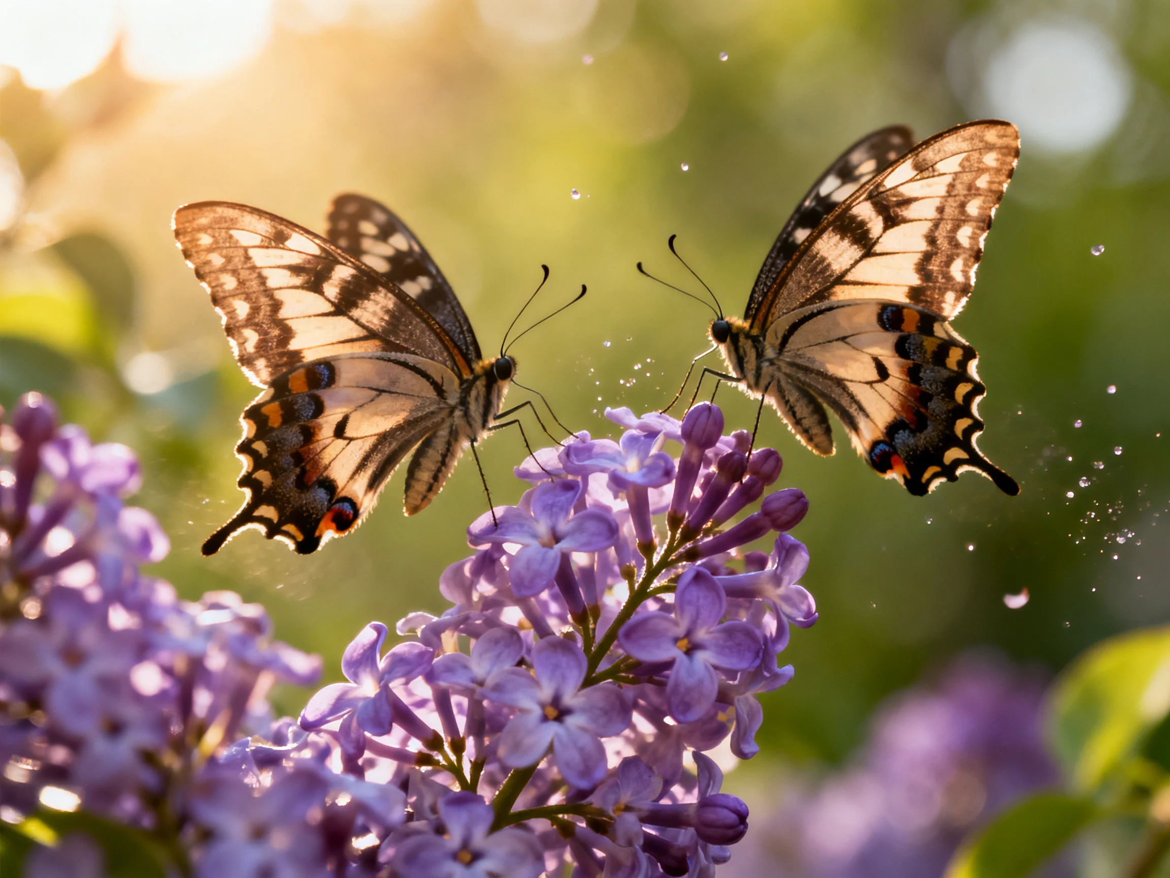 Two swallowtail butterflies hover over vibrant purple lilac blooms in golden sunlight