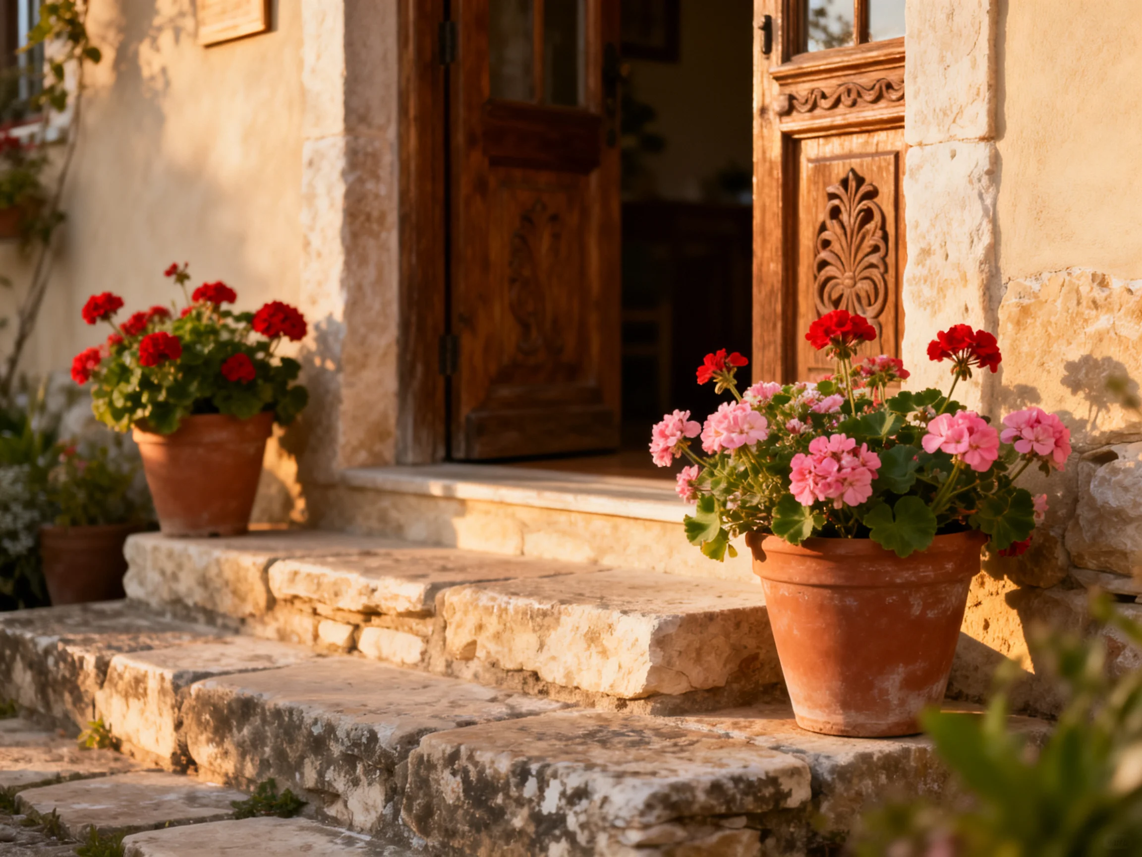 Two terracotta pots display red and pink geraniums by an old wooden doorway