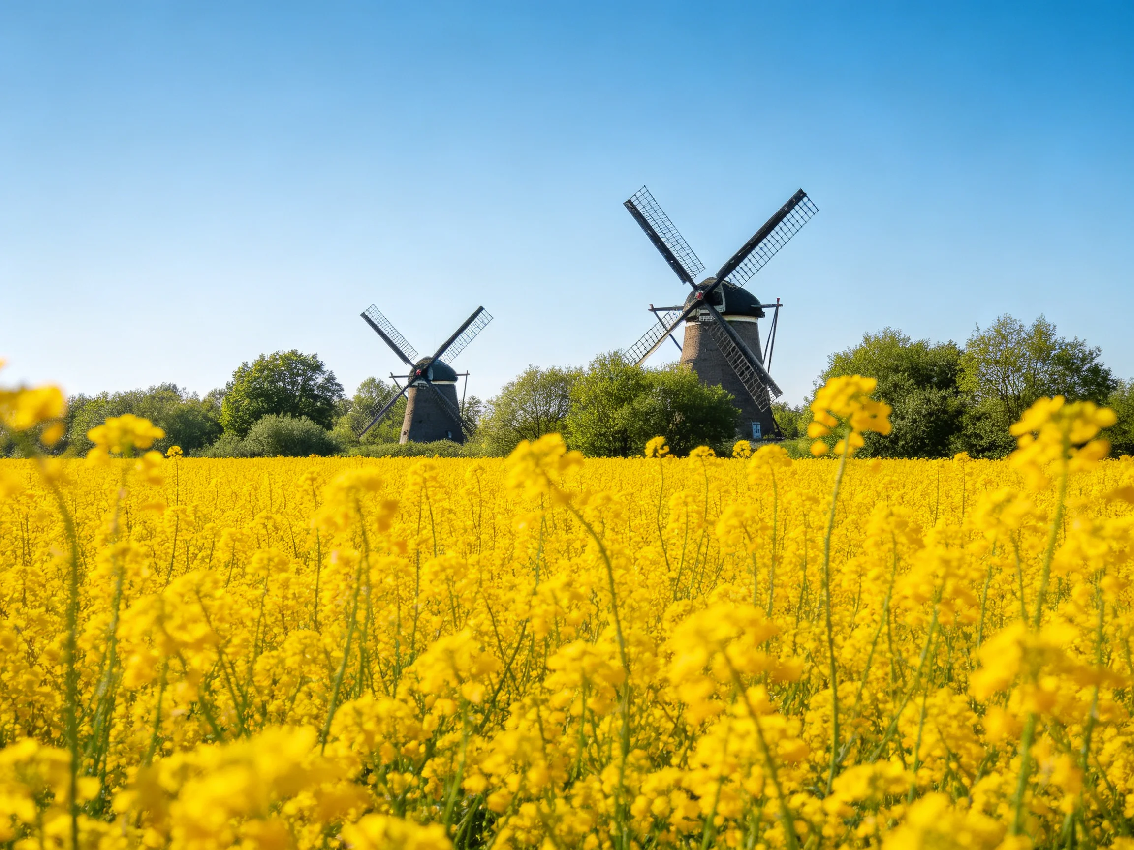 Two traditional windmills behind a vast yellow flower field under clear blue sky