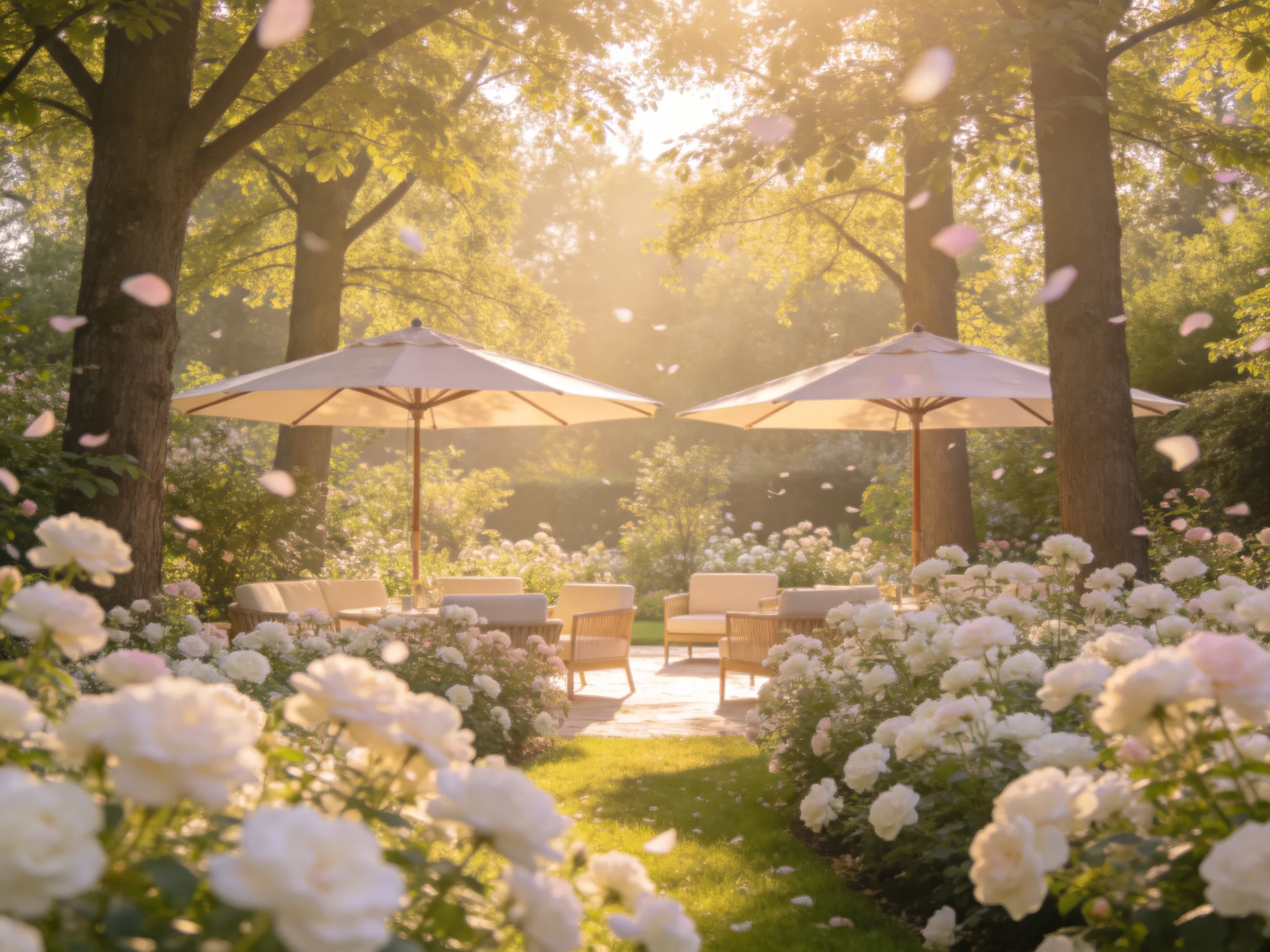 Two umbrellas shelter a garden of white blooms under golden sunlight
