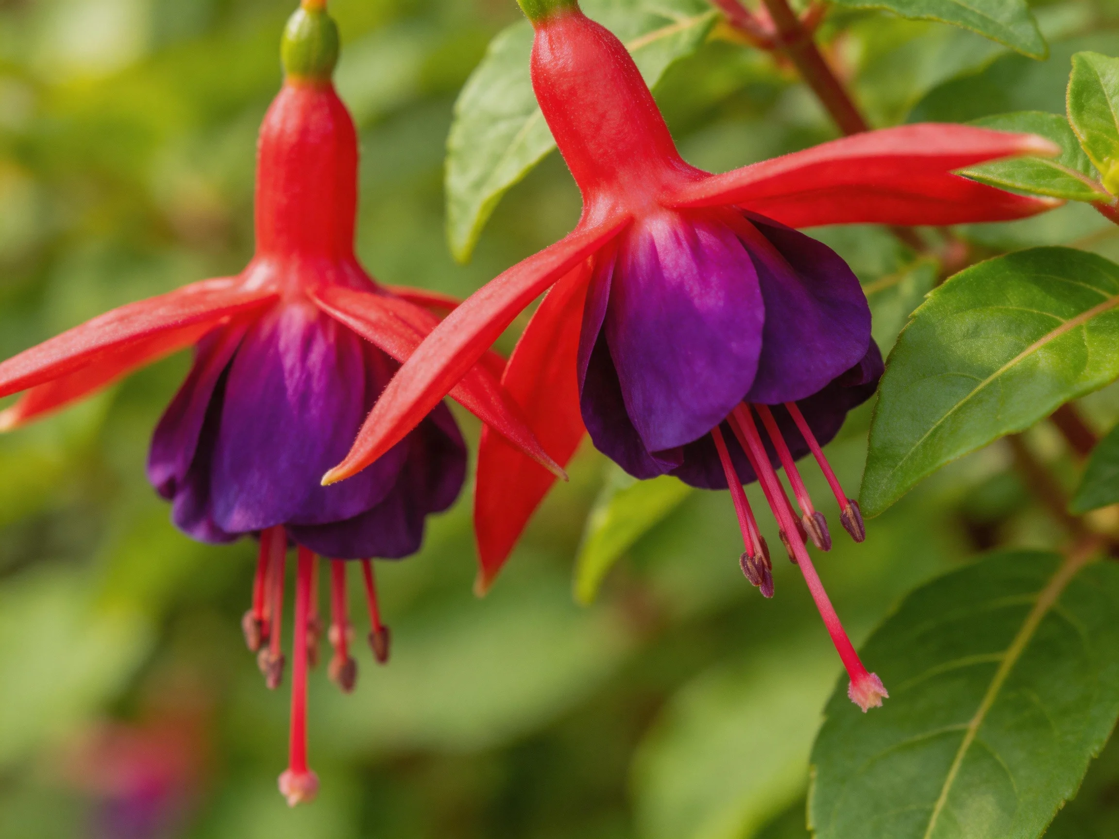 Two vibrant fuchsia flowers with red and purple petals