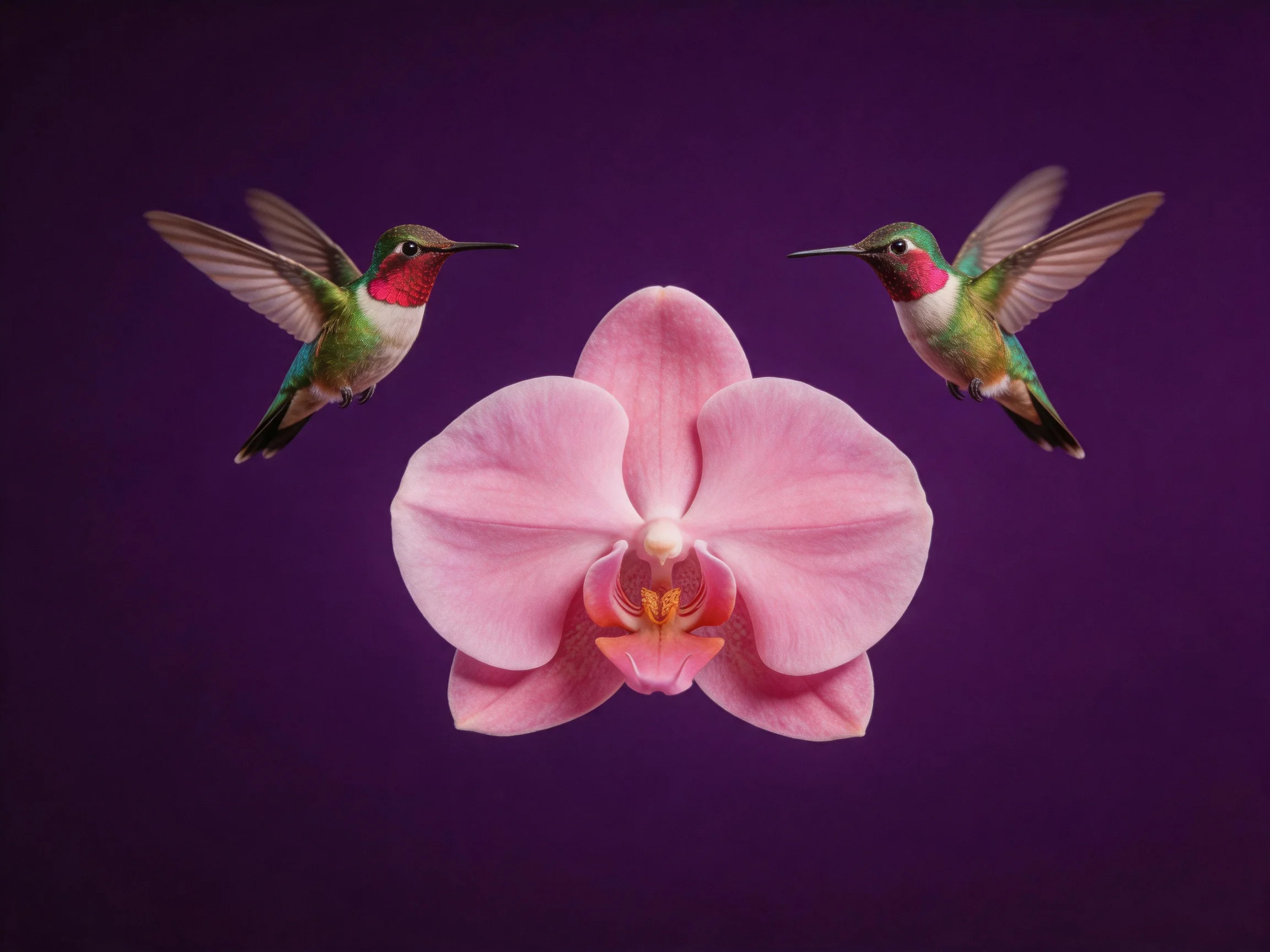 Two vibrant hummingbirds hover beside a large pink orchid with a deep purple backdrop.