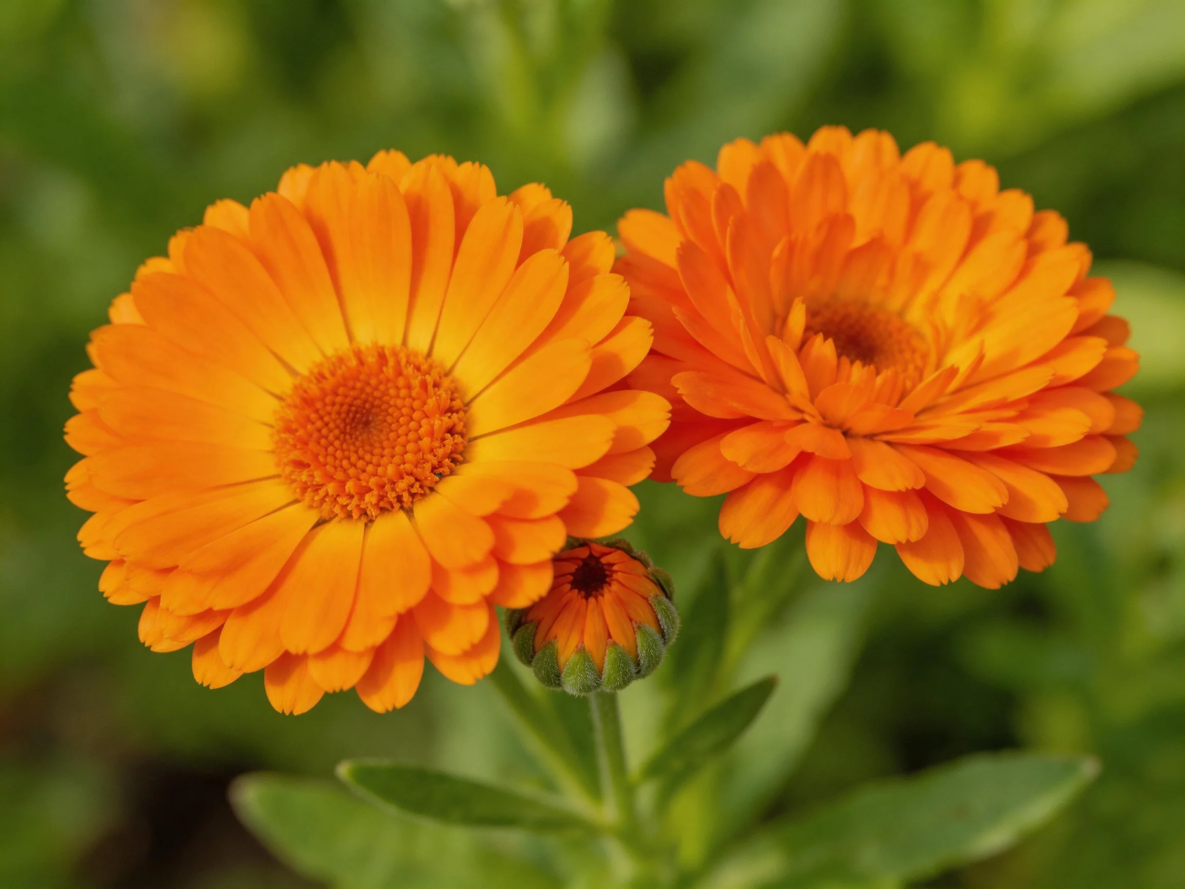 Two vibrant orange marigold blooms with a closed bud