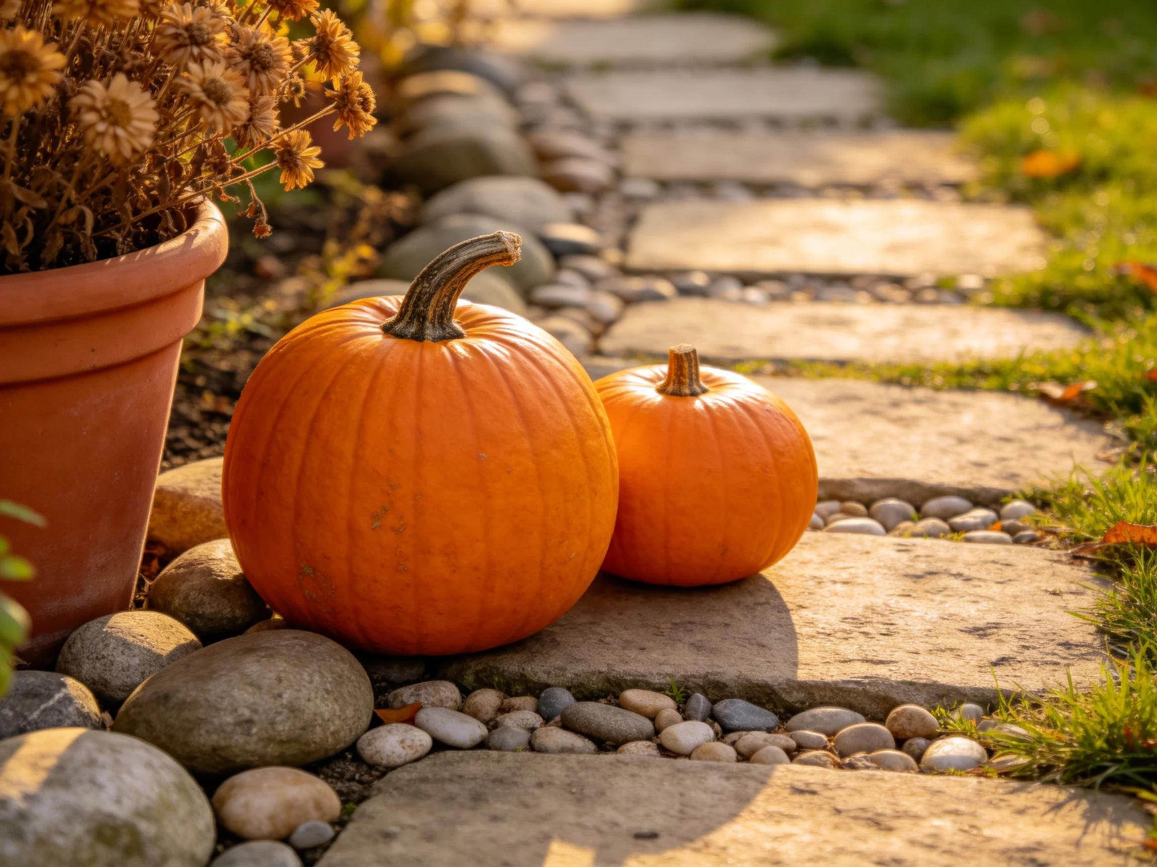 Two vibrant orange pumpkins rest beside a stone path lined with pebbles