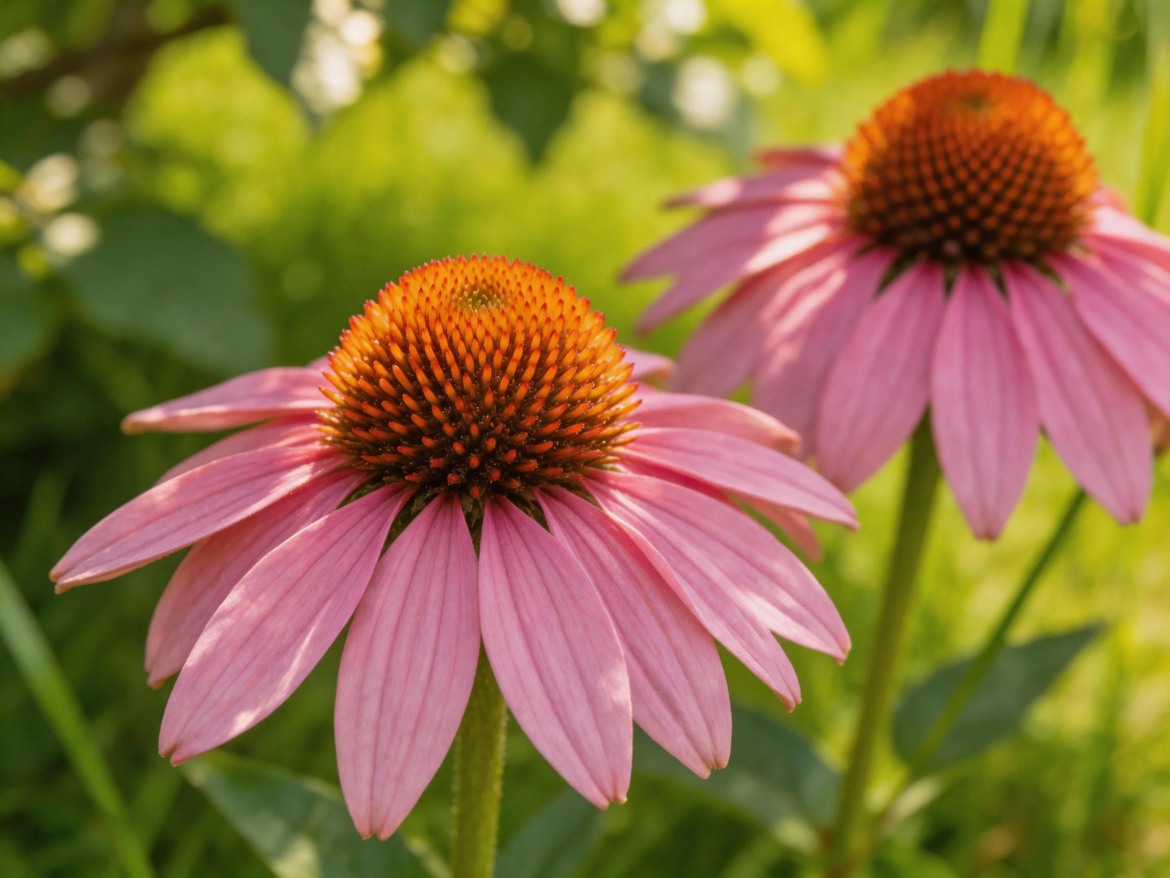 Two vibrant pink coneflowers with orange centers amidst lush greenery