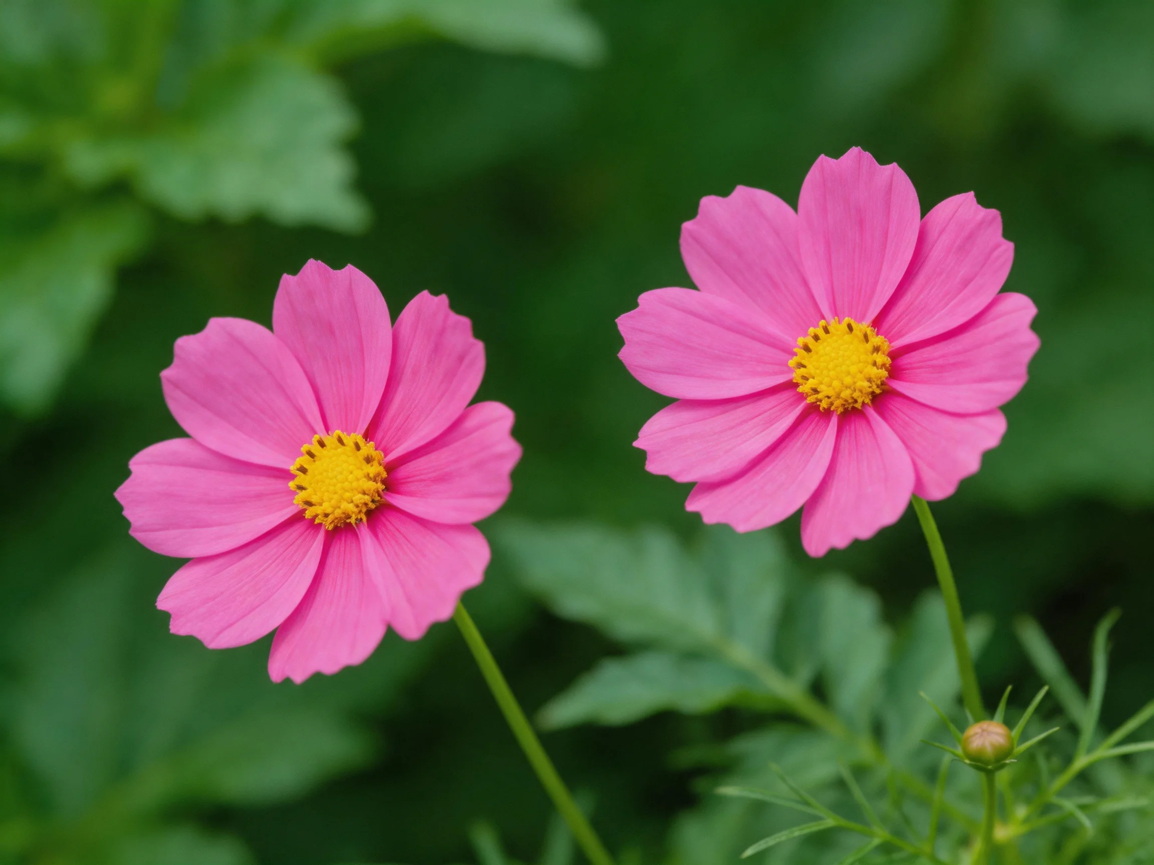Two vibrant pink cosmos flowers with bright yellow centers amid green foliage