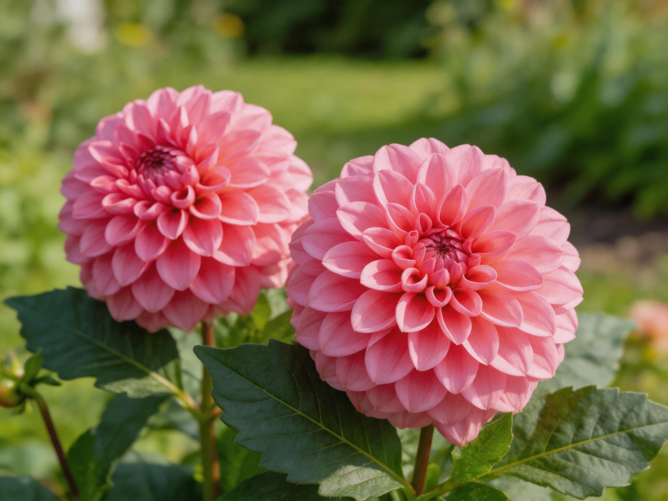 Two vibrant pink dahlia blooms in a lush garden setting