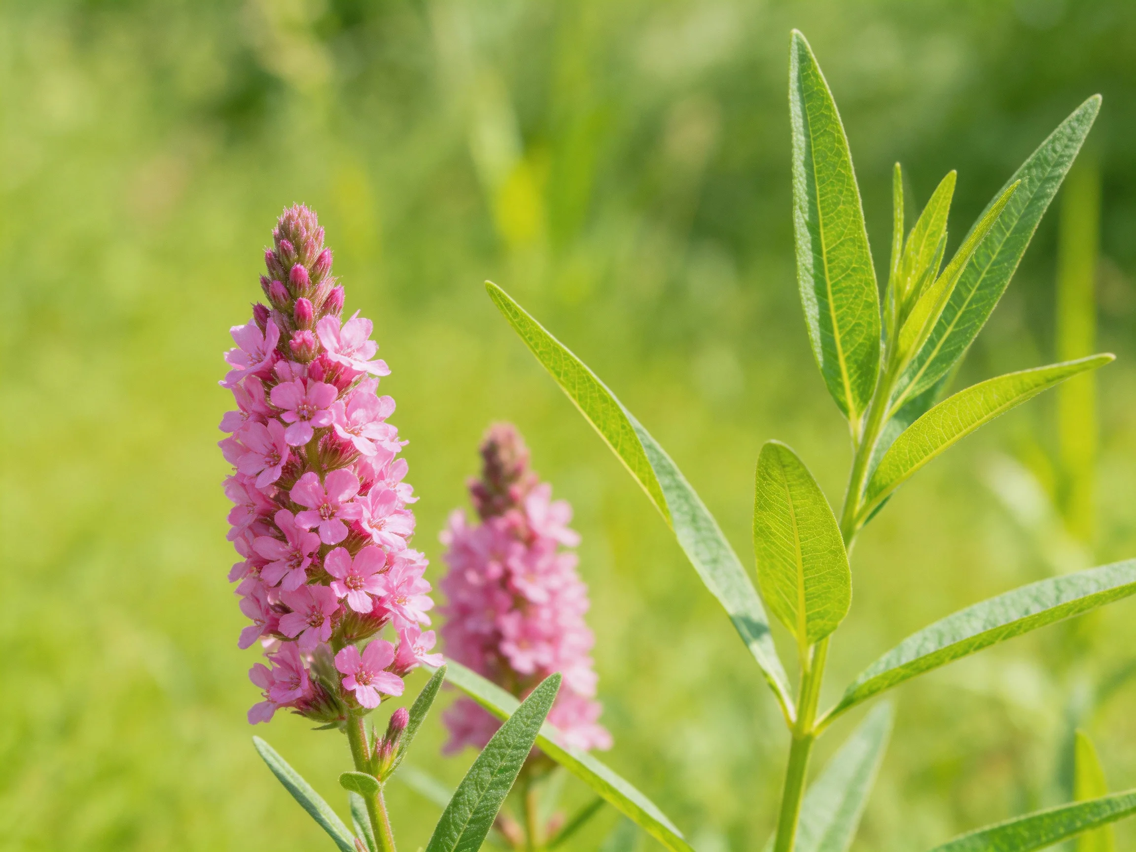 Two vibrant pink flower spikes beside slender green foliage