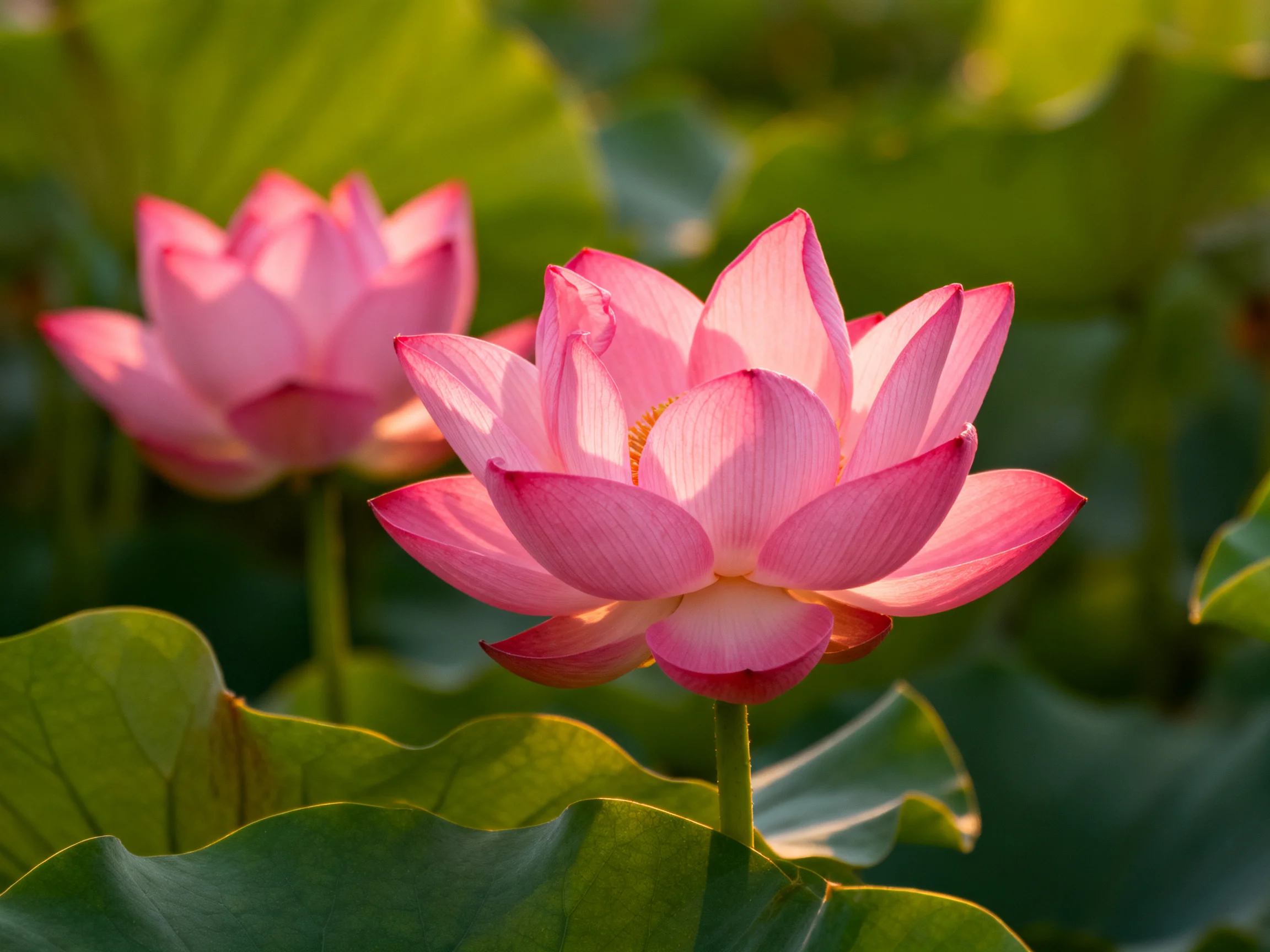 Two vibrant pink lotuses bloom among large green lily pads