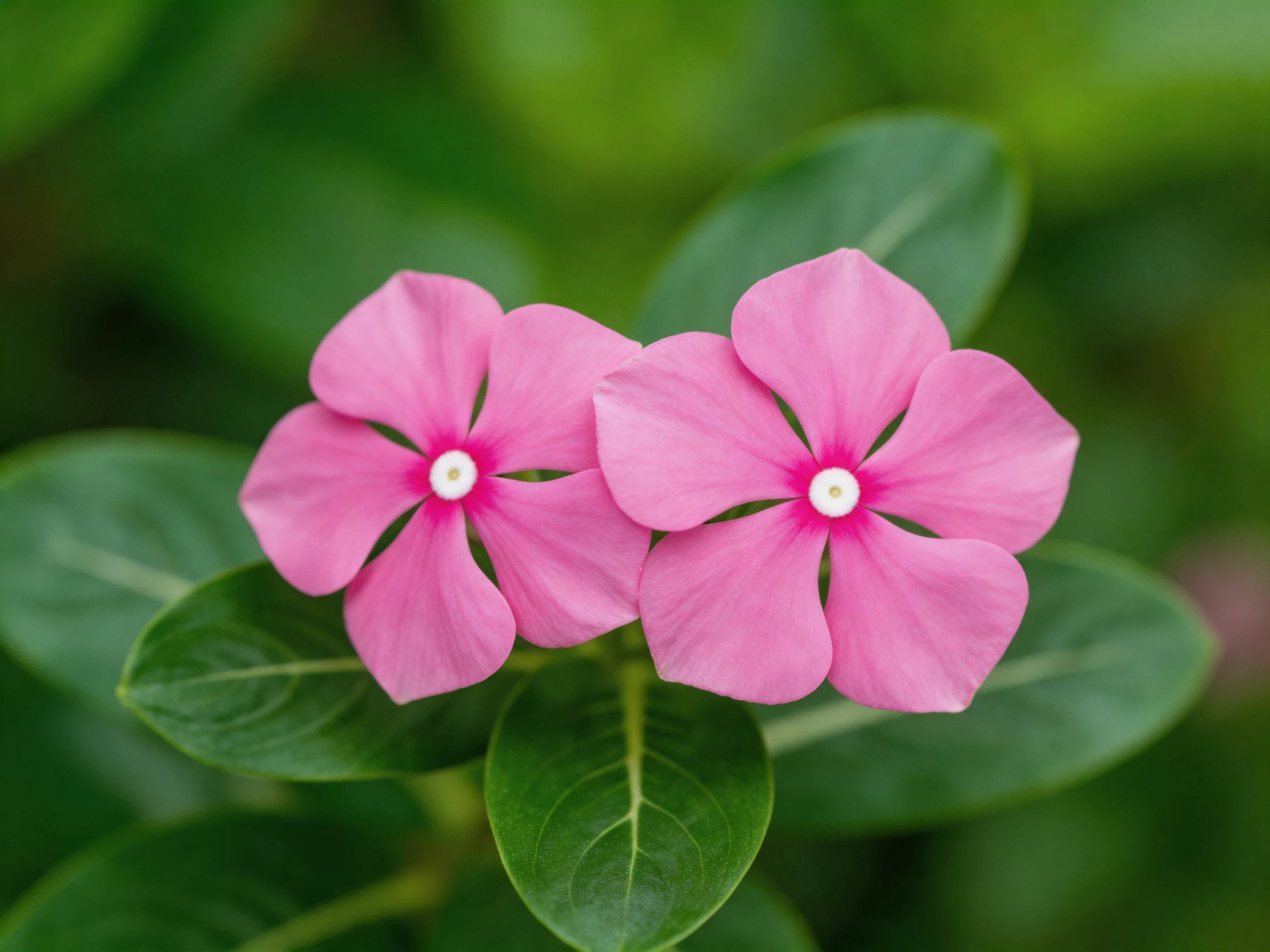 Two vibrant pink periwinkle flowers bloom among lush green foliage
