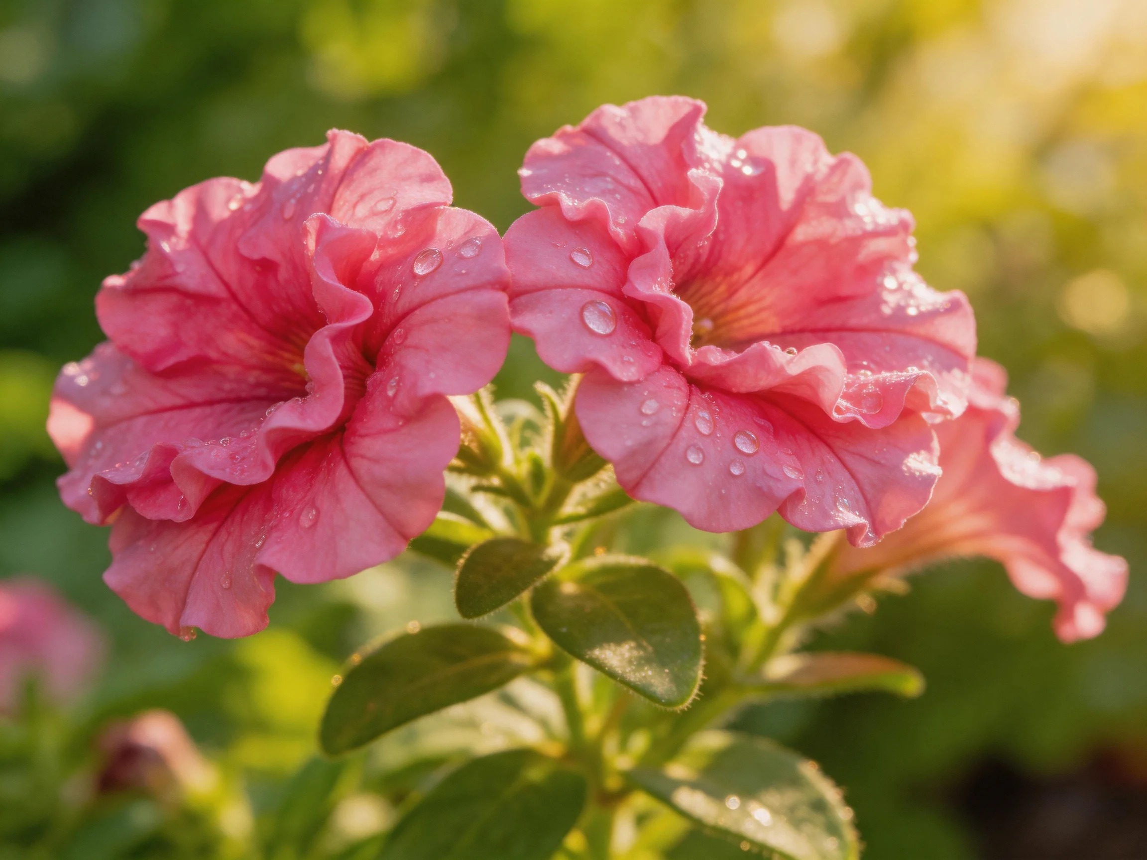 Two vibrant pink petunias with dewdrops against green foliage