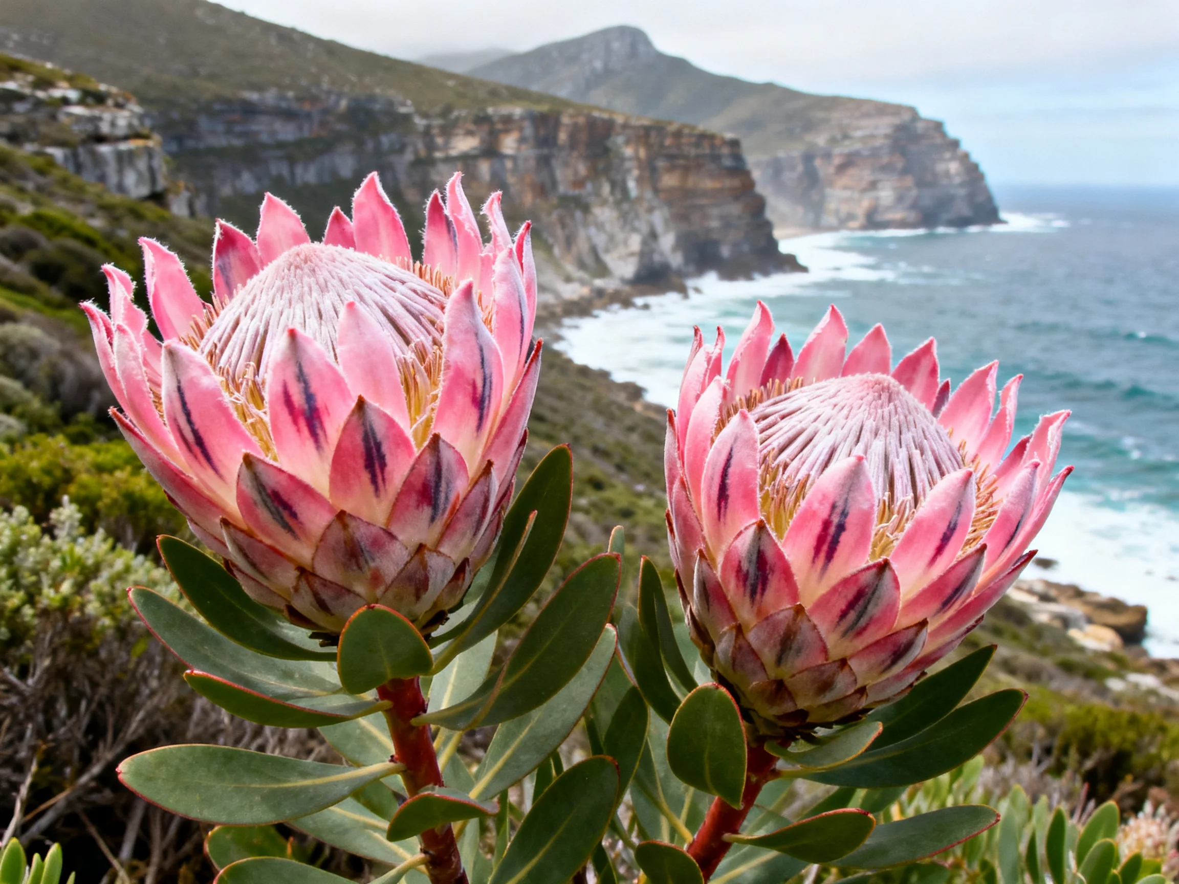 Two vibrant pink protea blooms beside a rugged coastal cliffside