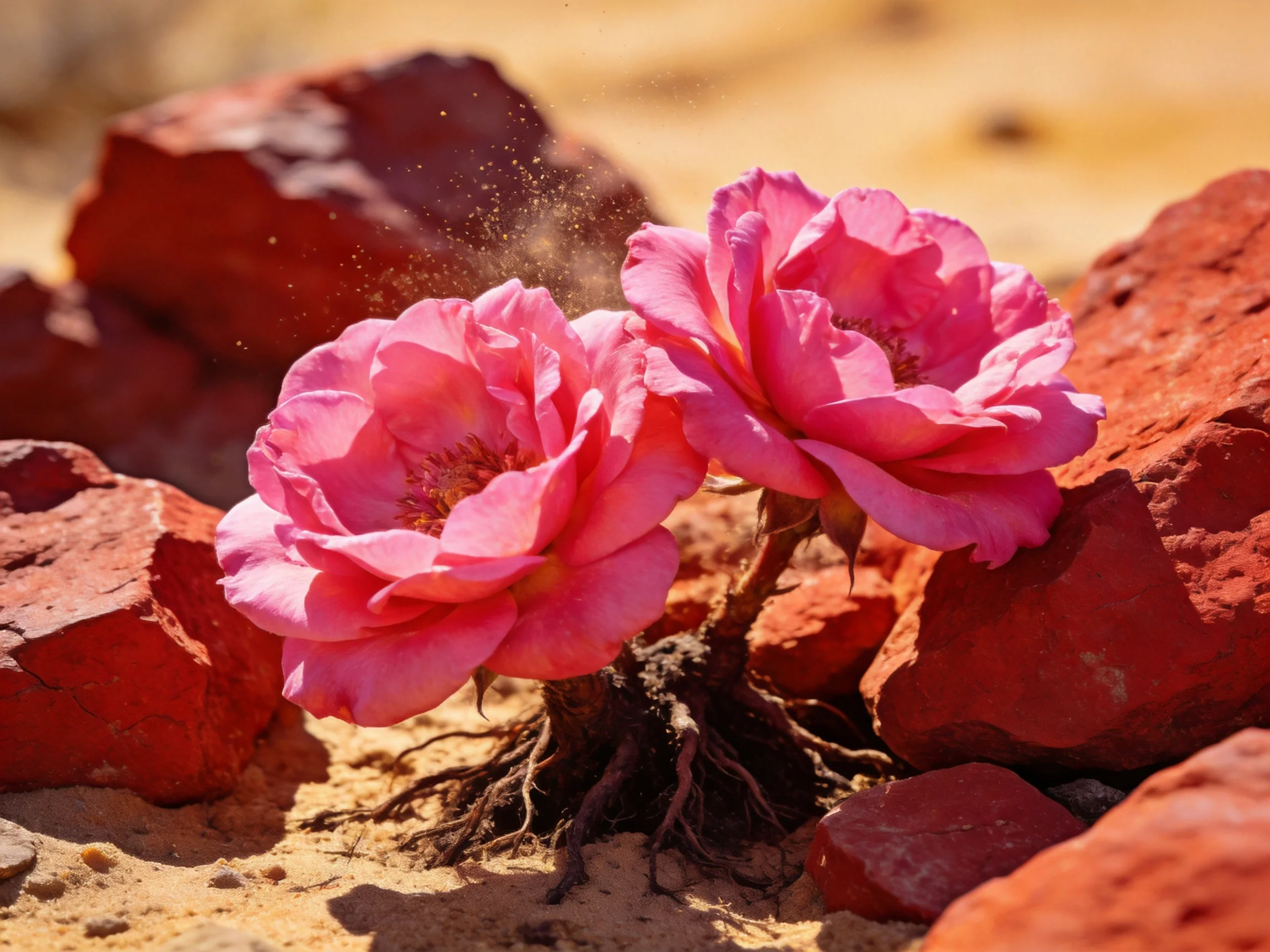 Two vibrant pink roses bloom among reddish-brown rocks in sandy terrain