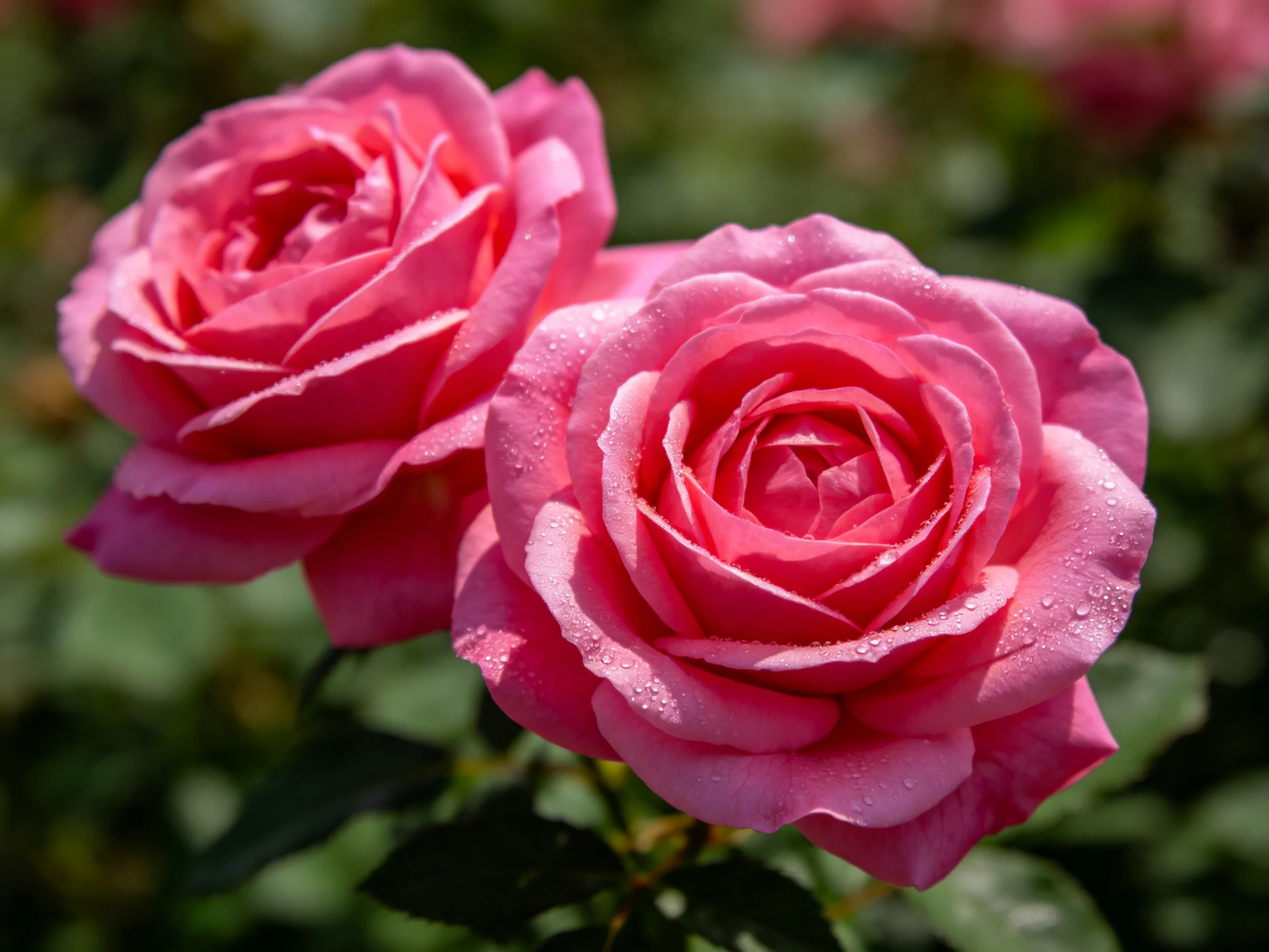 Two vibrant pink roses with dewdrops amidst lush green foliage