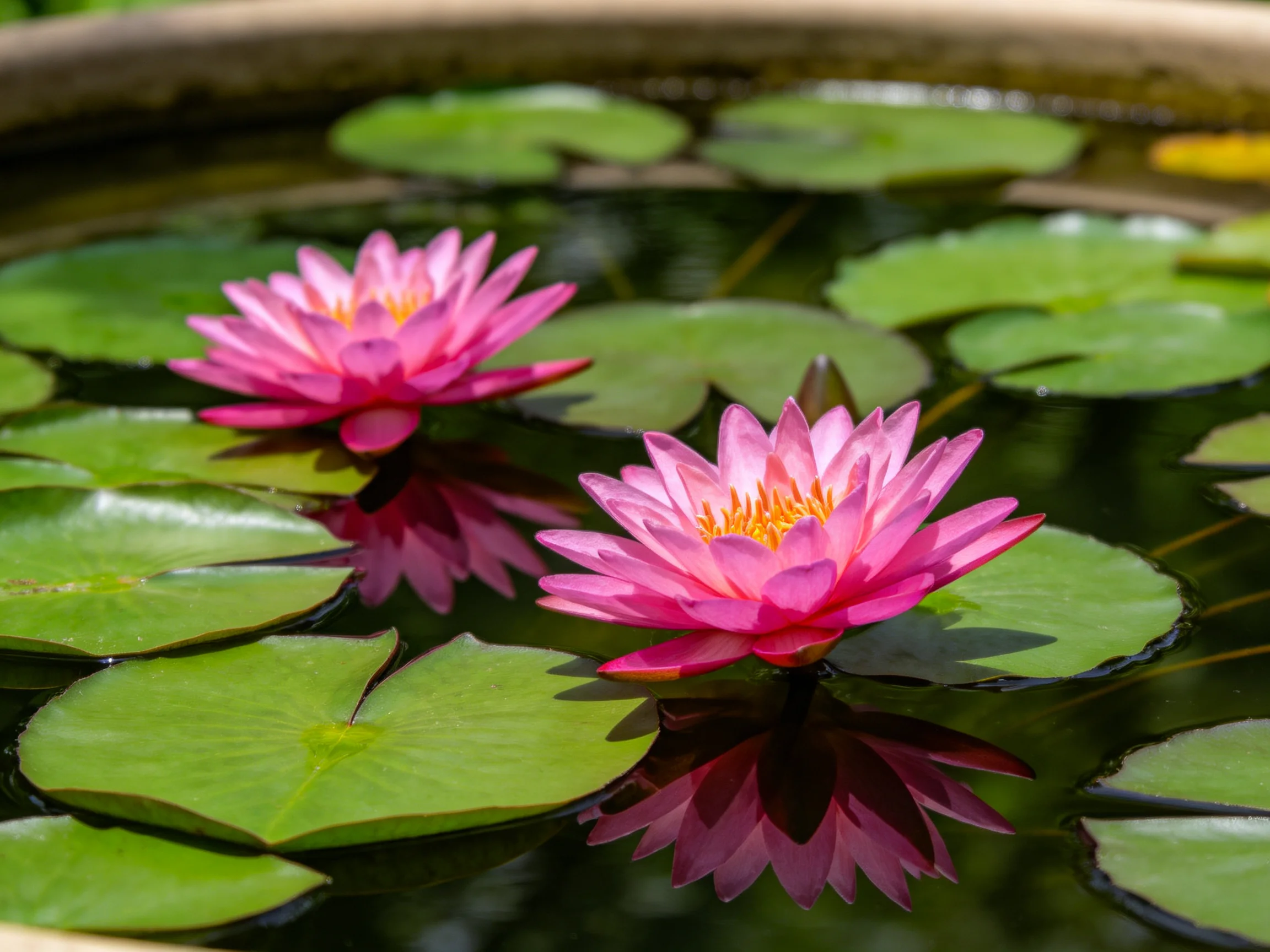 Two vibrant pink water lilies float among green lily pads in calm water